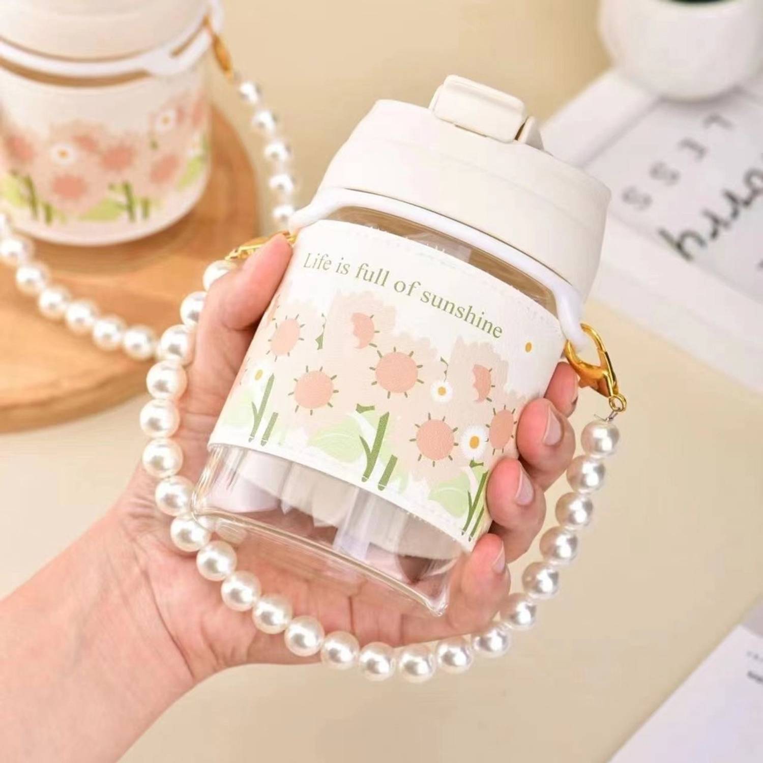 Adhunyk Pearl Chain Belt & Sleeve,Reusable Travel Sipper with Double Drink Straw Glass Coffee Mug
