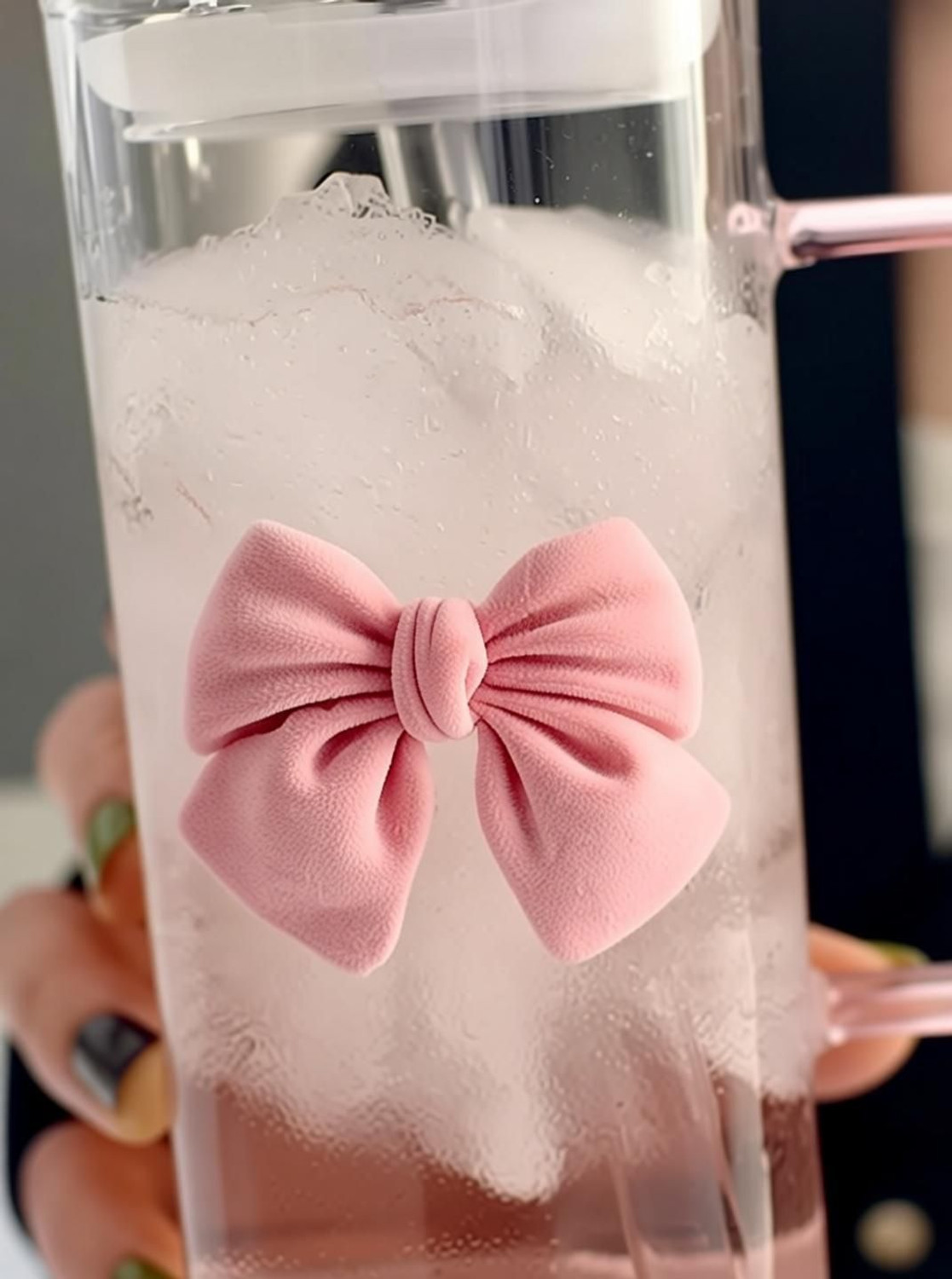 Image of FUNKYFINDS Cute Pink Bow Glass Tumbler with Handle & Lid Glass Stylish Travel for Girls Glass Coffee Mug