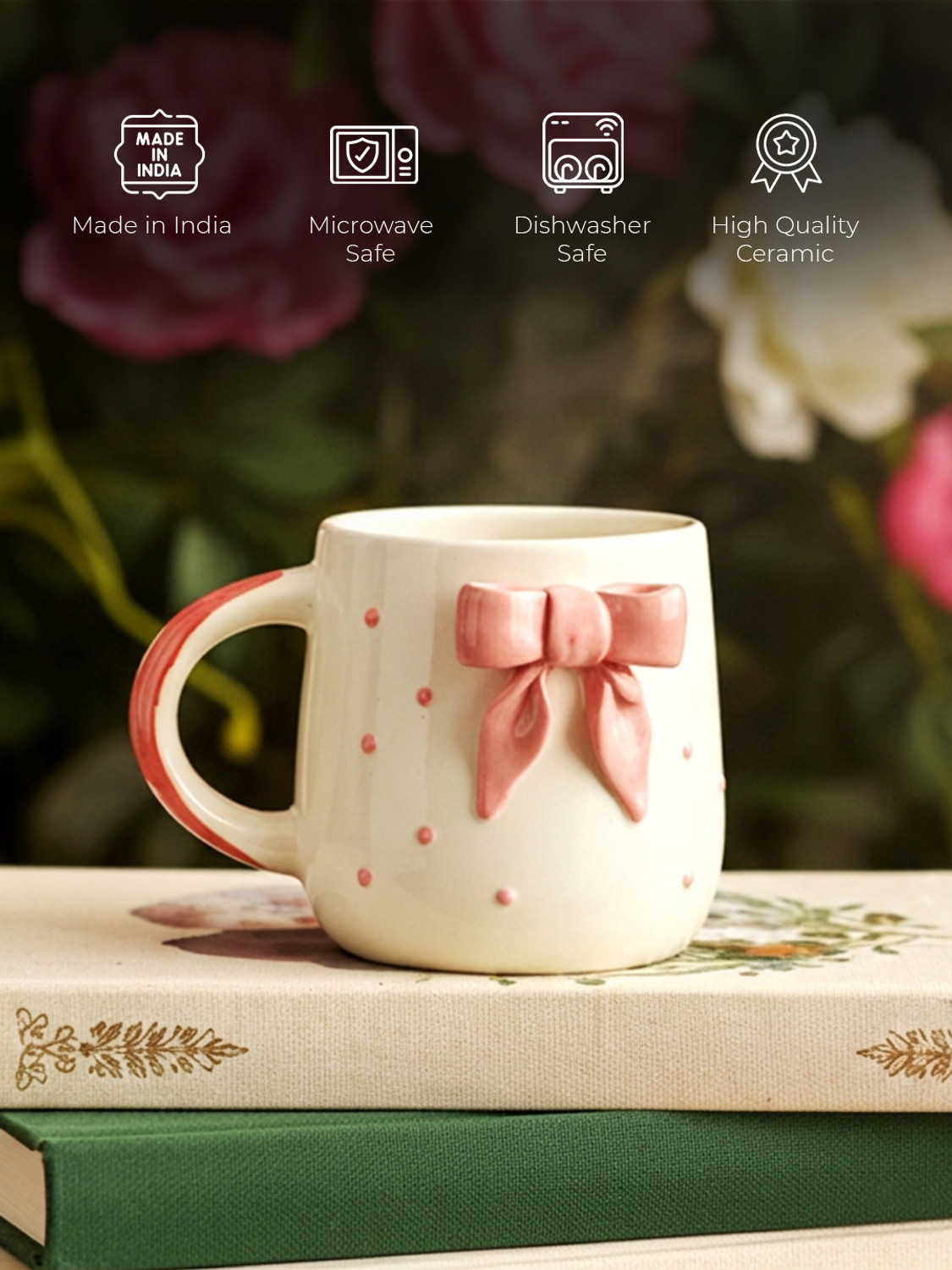 Image of Clayora Pink Bow Ceramic Aesthetic Cup Gift for Birthday /Anniversary Ceramic Coffee Mug (300 ml)
