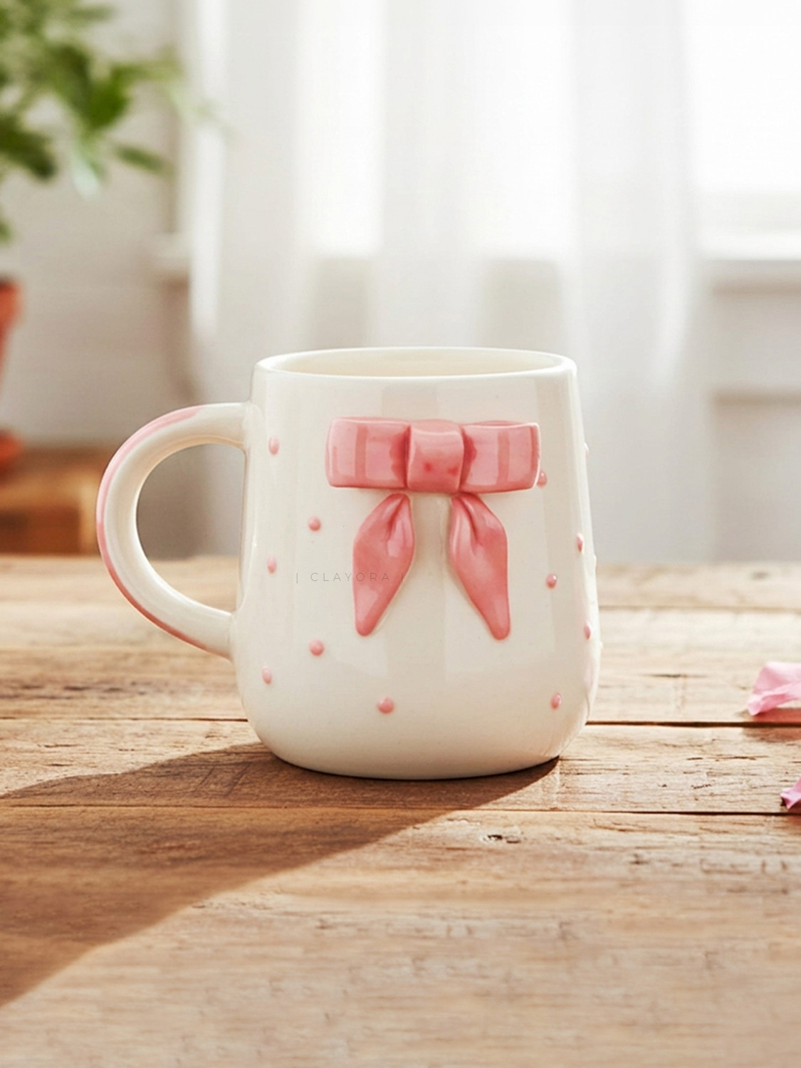 Image of Clayora Pink Bow Ceramic Aesthetic Cup Gift for Birthday /Anniversary Ceramic Coffee Mug (300 ml)
