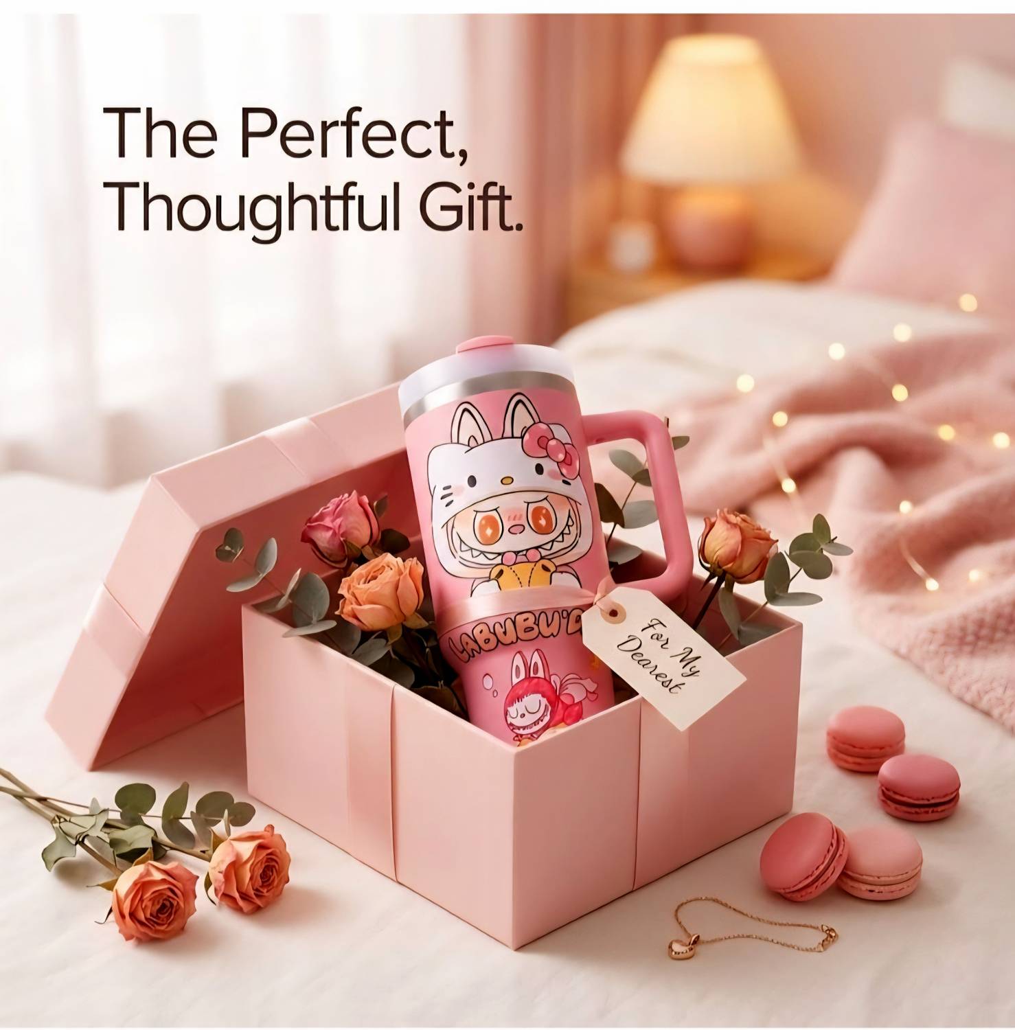 Shyam Traders Pink Labubu Sipper Stainless Steel Tumbler - Image 2