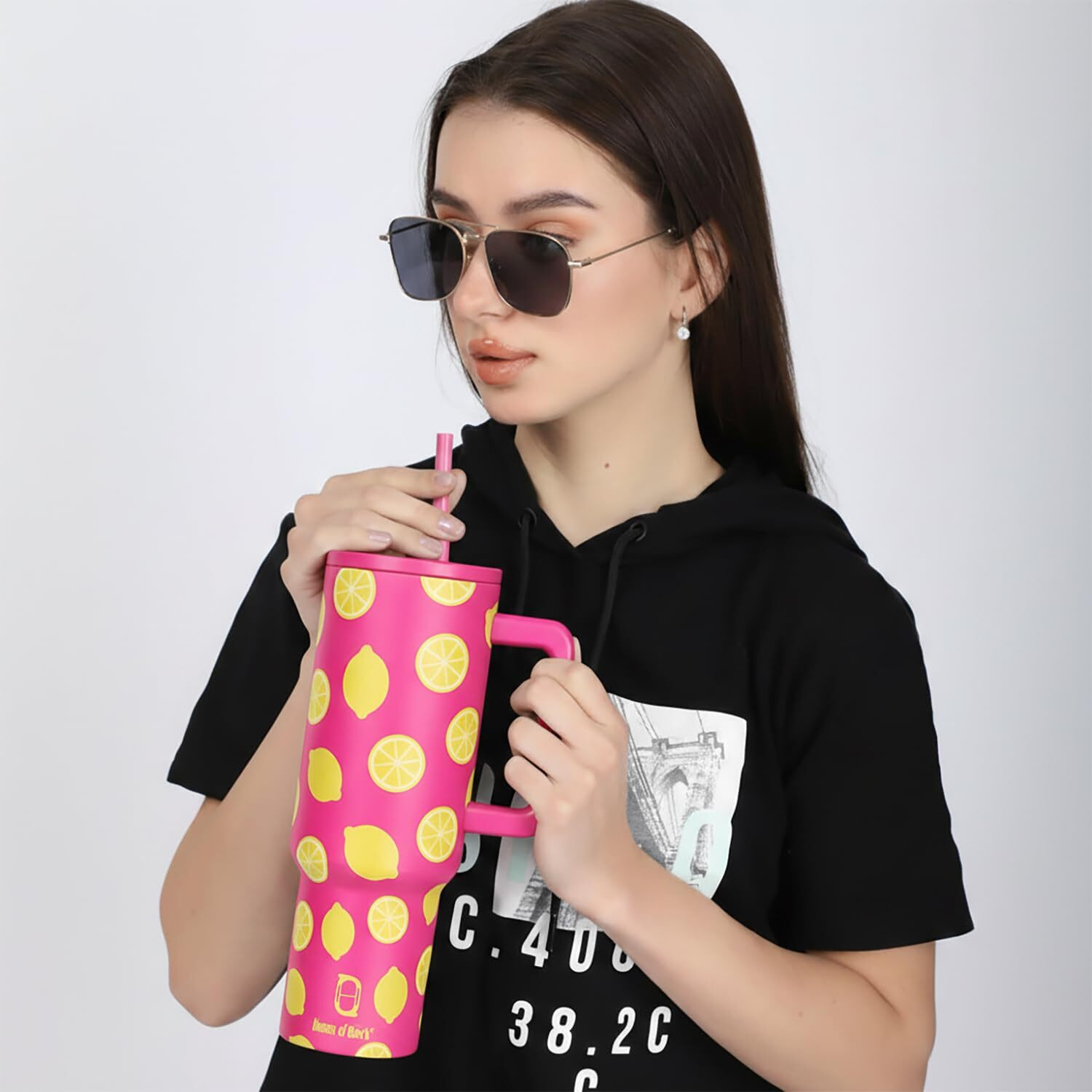 Image of HOUSE OF QUIRK 1200ML Stainless Steel Tumbler with Handle & Lid, 2 Straws-Pink Lemon Stainless Steel Tumbler