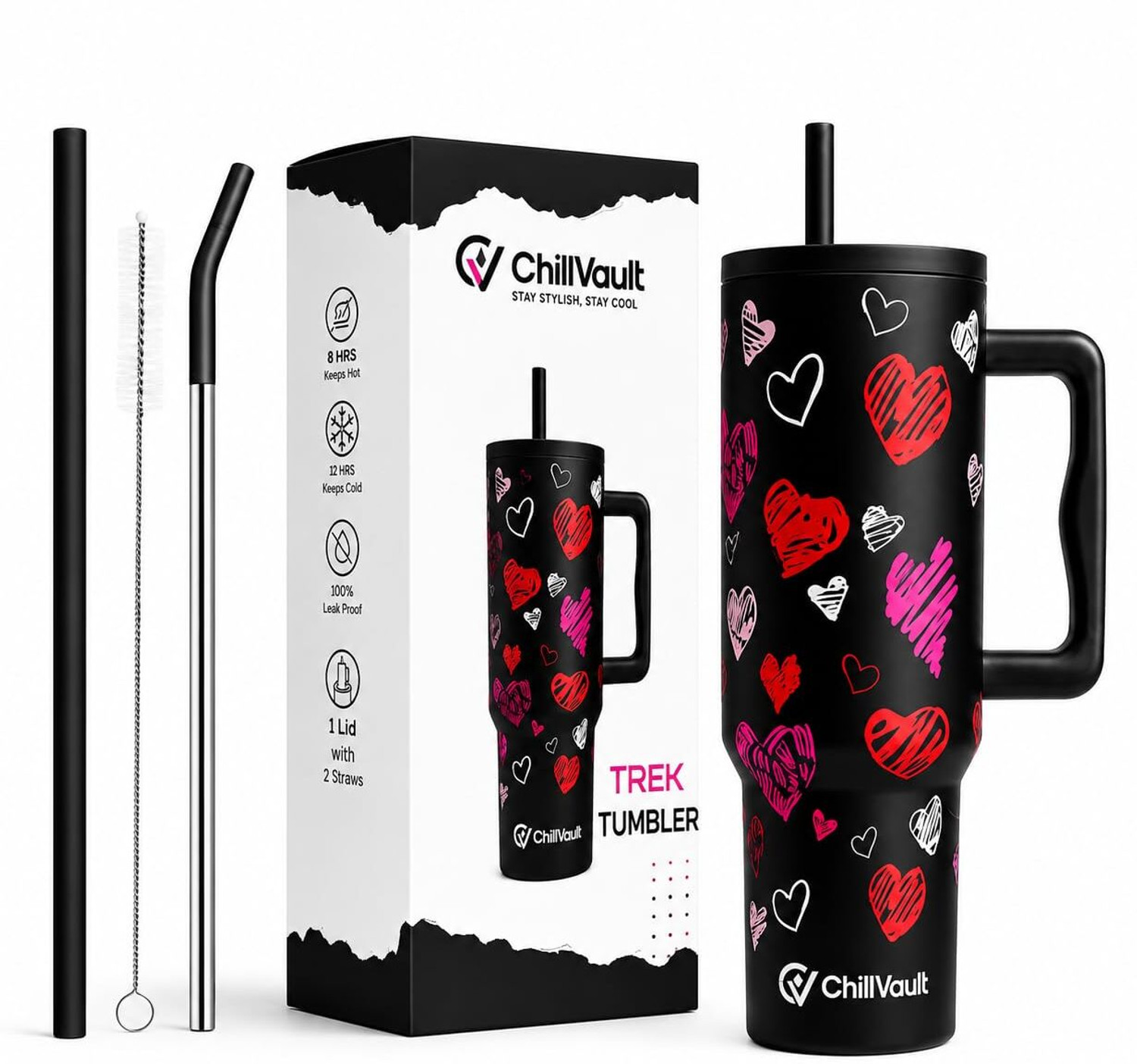 Image of ChillVault Insulated Tumbler with Handle, Leak-Proof Lid, 2 Straws, Keeps Drinks Hot & Cold Stainless Steel Tumbler