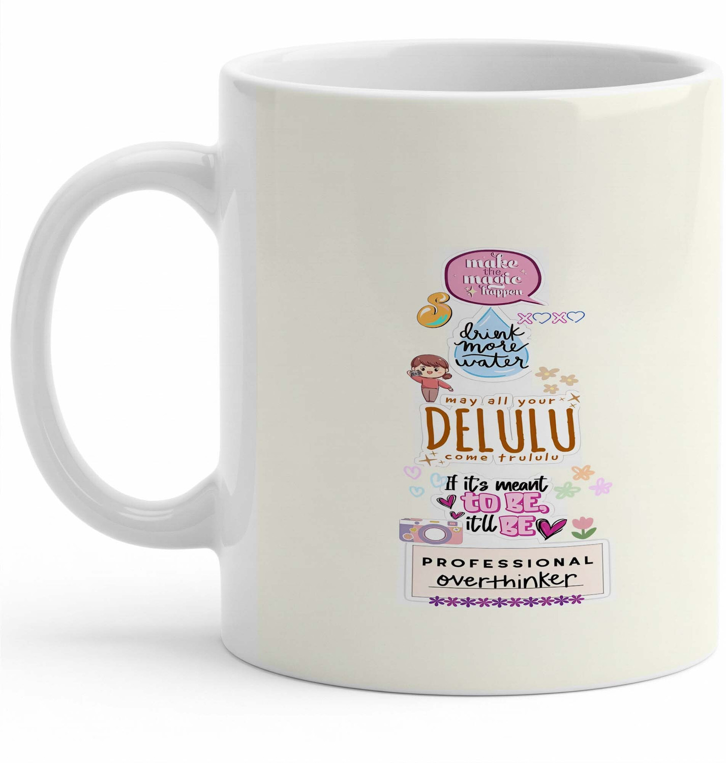 Image of Firox x delulu professional overthinker sticker design printed aesthetic white printed Ceramic Coffee Mug (330 ml)