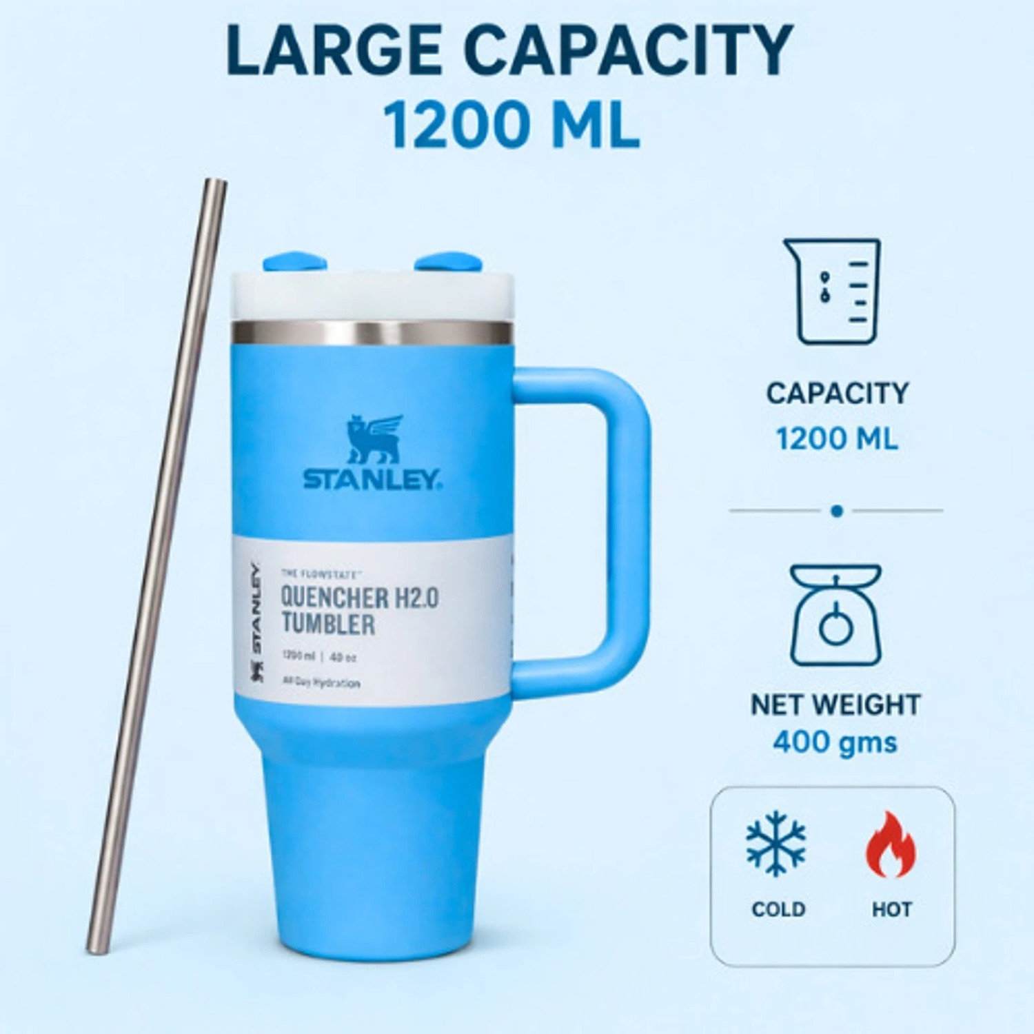Image of PICKDOM Premium Stenley Light Blue QUENCHER PRO Stainless Steel Tumbler (1200 ml) Glass, Plastic, Stainless Steel Tumbler