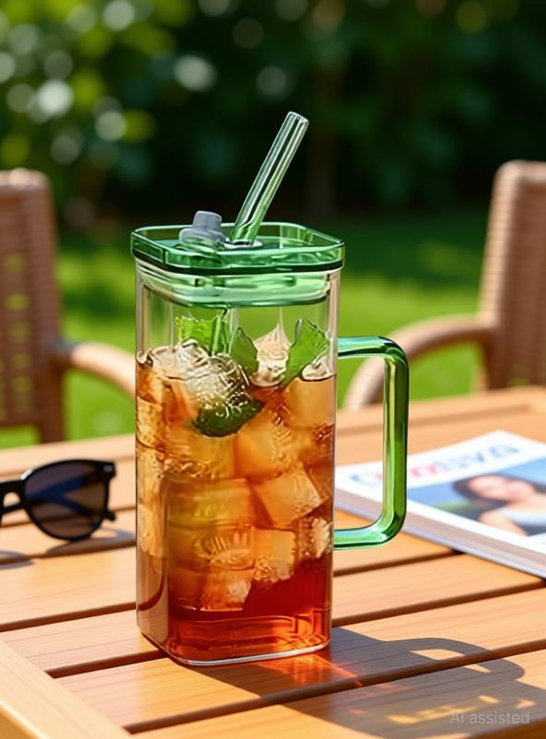 Image of Coziva Square Glass with Lid, Handle and Straw Glass Tumbler (400 ml)