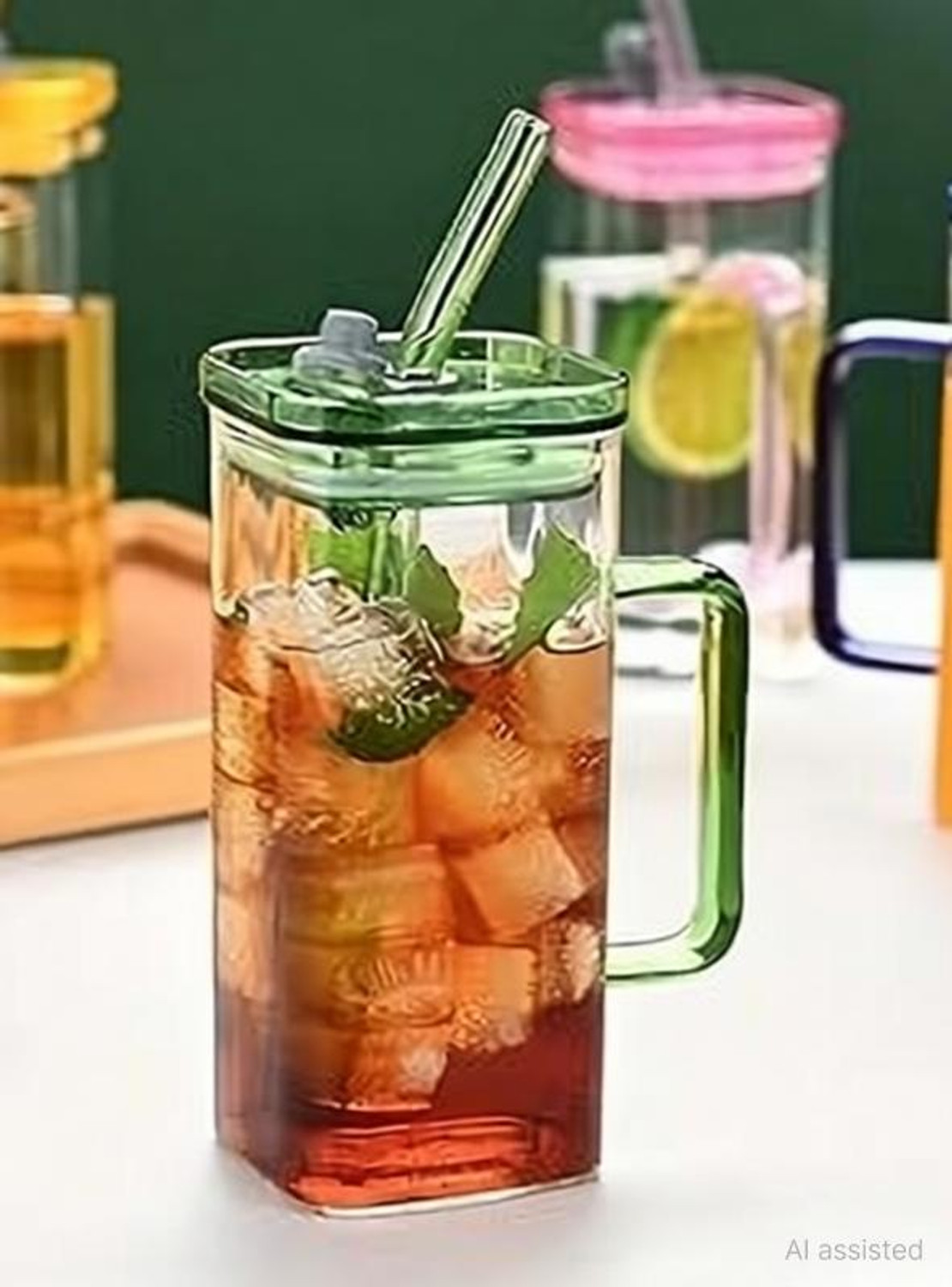 Image of Coziva Square Glass with Lid, Handle and Straw Glass Tumbler (400 ml)
