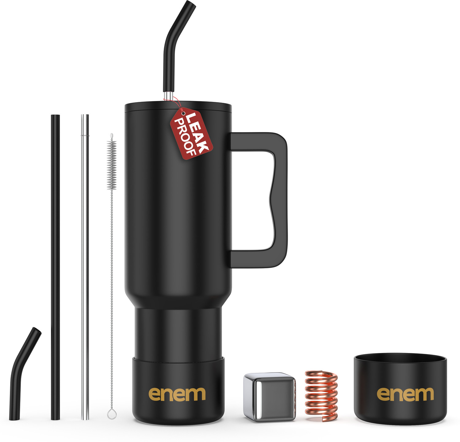 Image of Enem Alpha Black with Inbuilt Straw, Metal Ice Cube, Copper Spring,Sipper,Leakproof Stainless Steel Tumbler