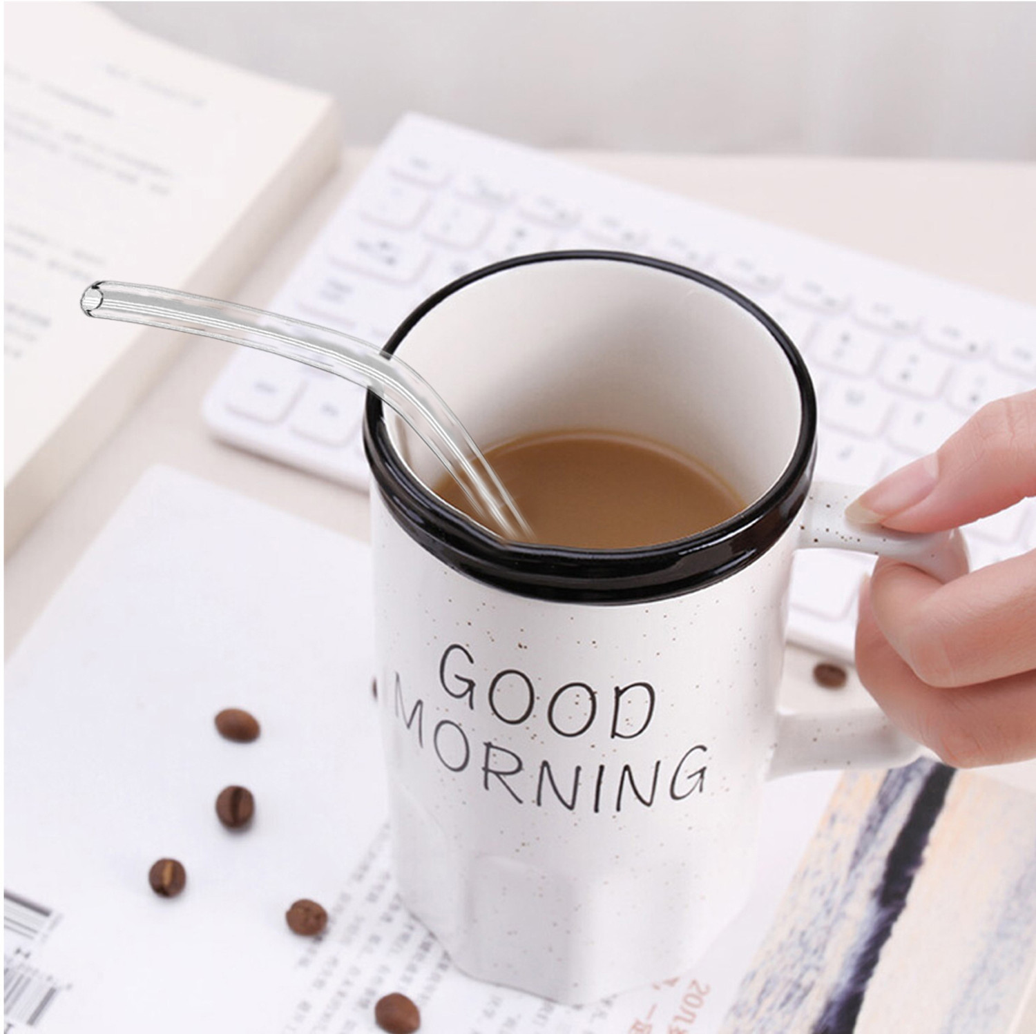 Image of BONZEAL New Quoted Good Morning Printed Jar with Glass Straw With Lid Ceramic Coffee Mug