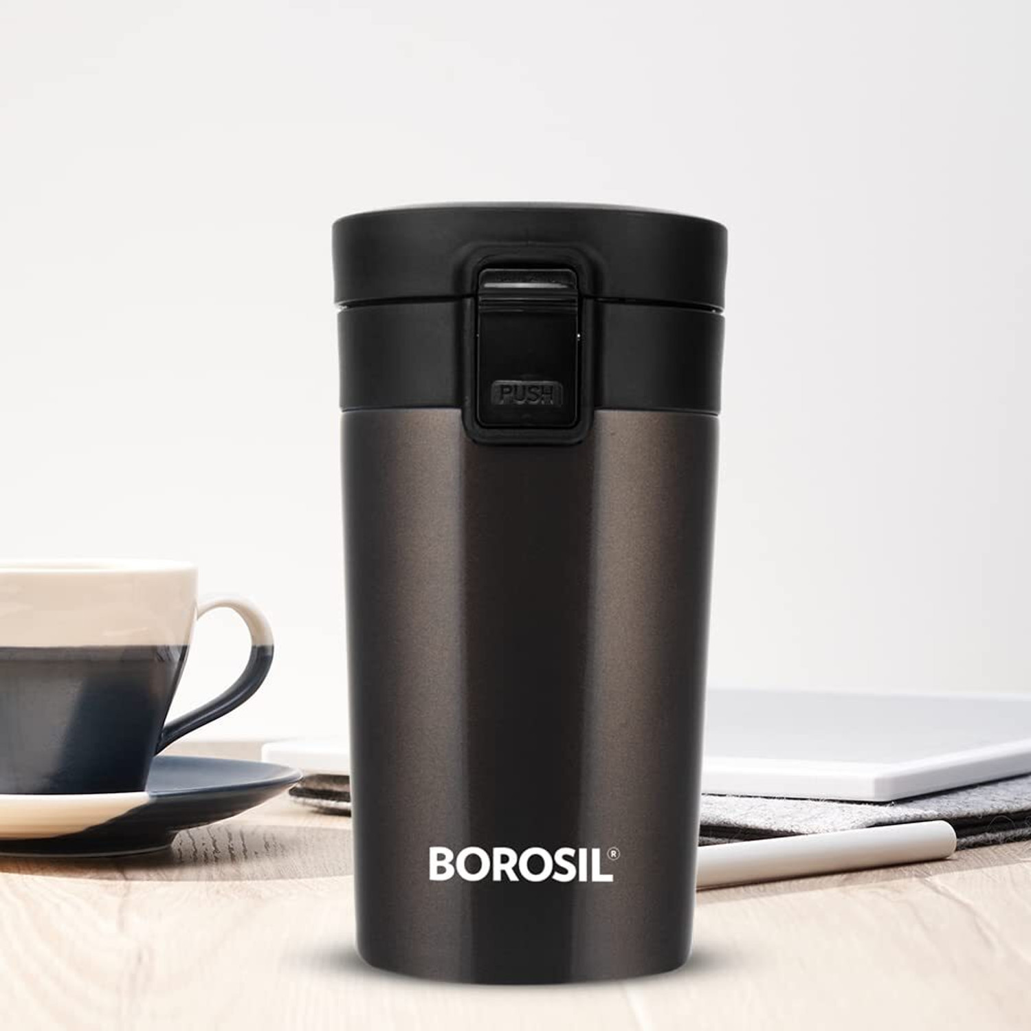 Image of BOROSIL Coffeemate Vacuum Insulated Travel Mug with Lid, 8 Hours Hot & 14 Hours Cold 300 ml Steel Flask