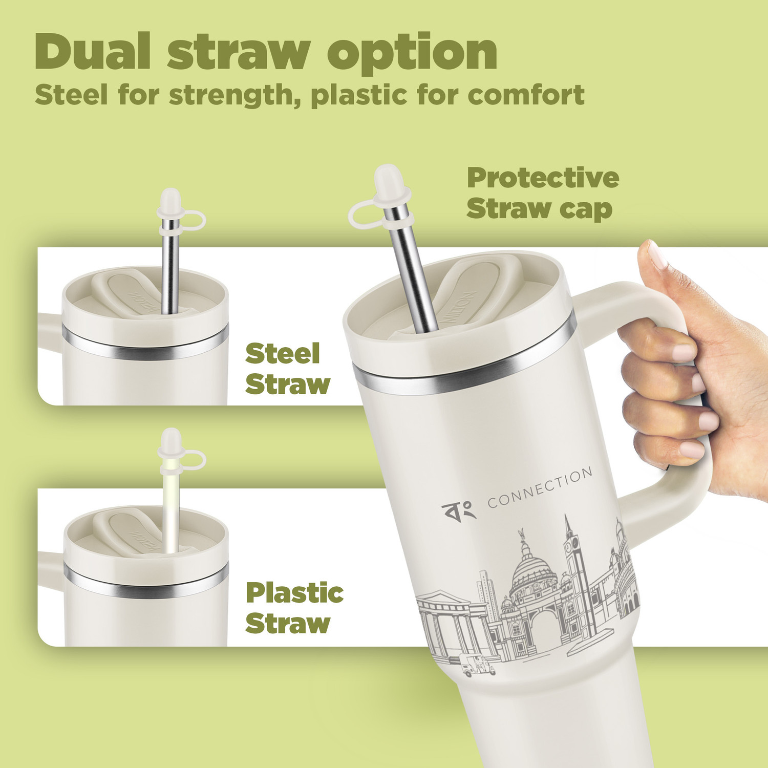 Image of MILTON Malmo 1200 Thermosteel Vacuum Insulated Tumbler 1100 ml with Straw Kolkata Beige Stainless Steel Tumbler