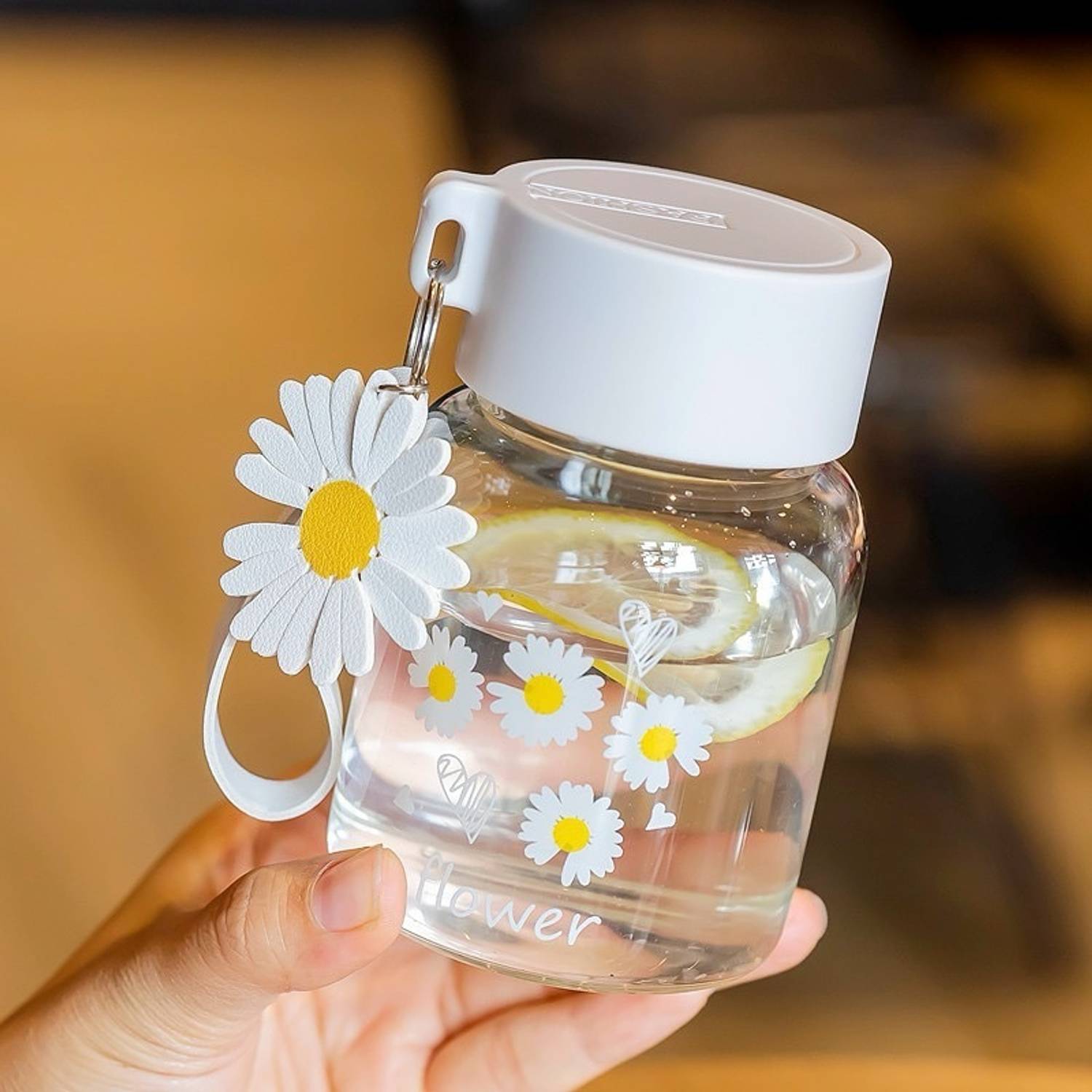 TINSUHG Daisy Frosted Glass Water Bottle with Lid - 300 ML Portable Rope Glass Coffee Mug