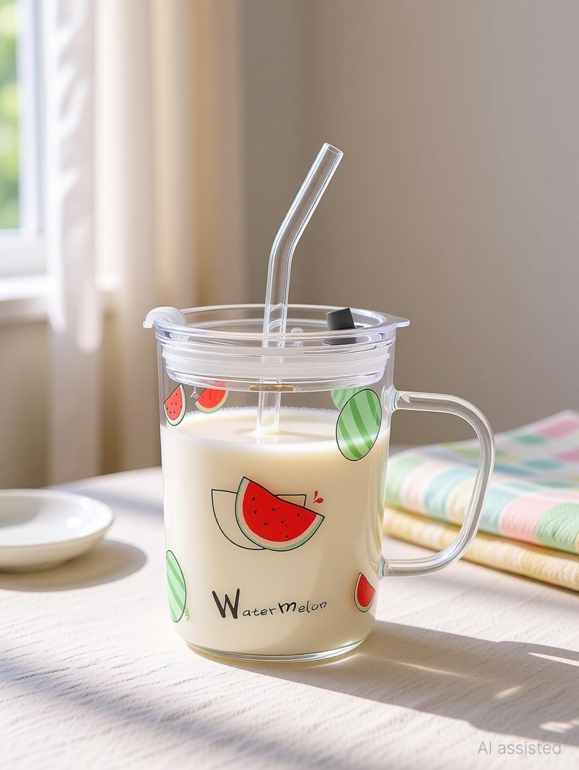 Image of EMAILYA RETAILS Printed Milk Glass Sipper Jar with Silicone Straw and Lid 1 PC 300ML Glass Glass Coffee Mug