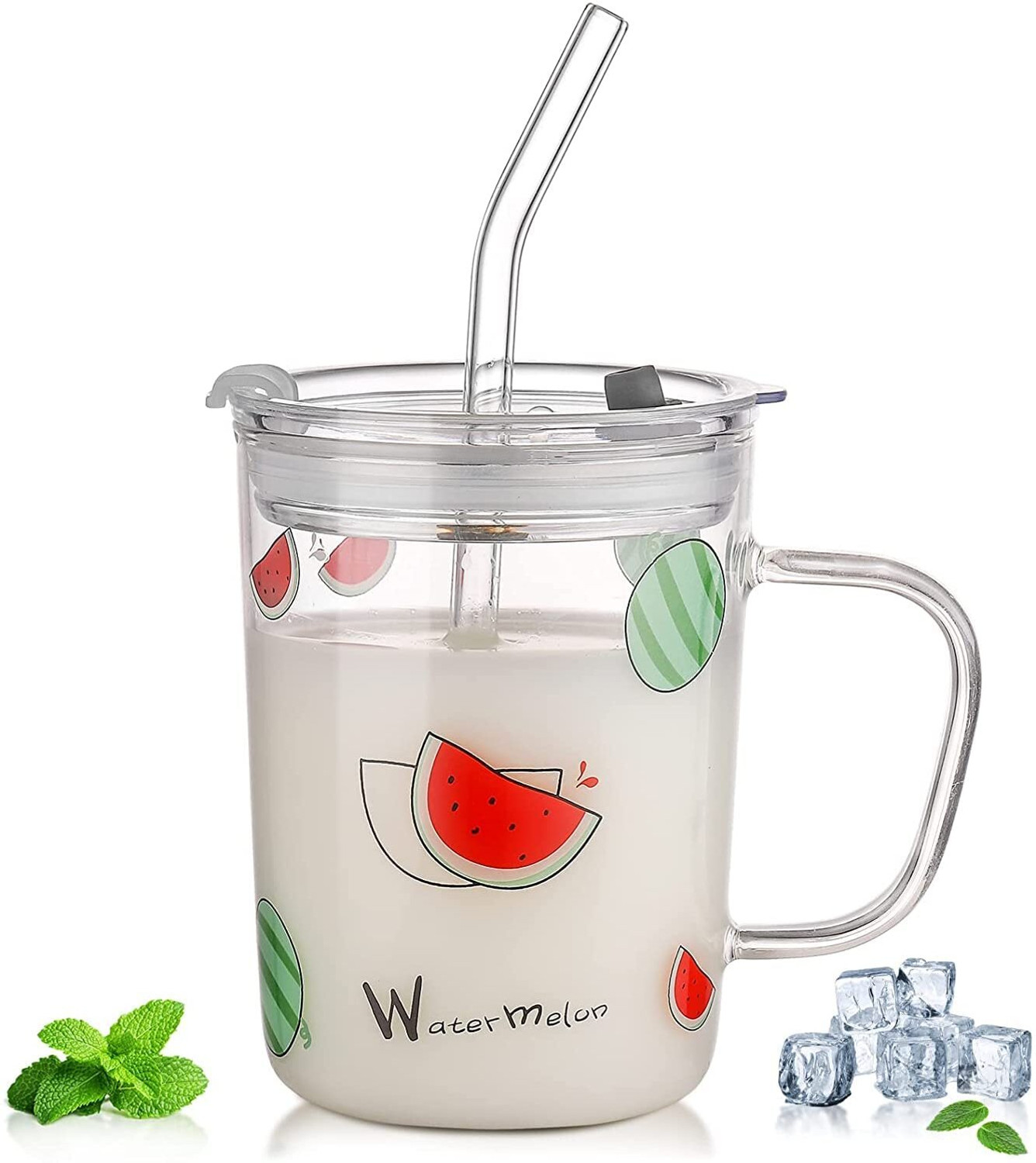 Image of EMAILYA RETAILS Printed Milk Glass Sipper Jar with Silicone Straw and Lid 1 PC 300ML Glass Glass Coffee Mug