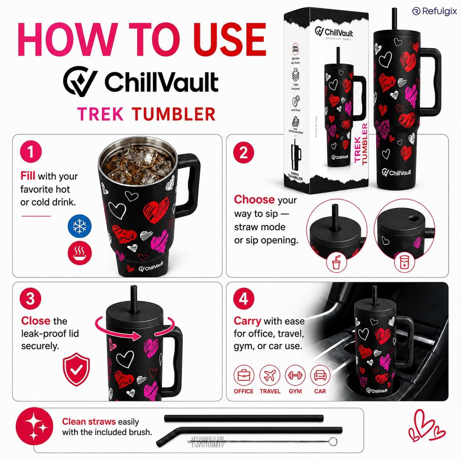 Image of ChillVault Insulated Tumbler with Handle, Leak-Proof Lid, 2 Straws, Keeps Drinks Hot & Cold Stainless Steel Tumbler