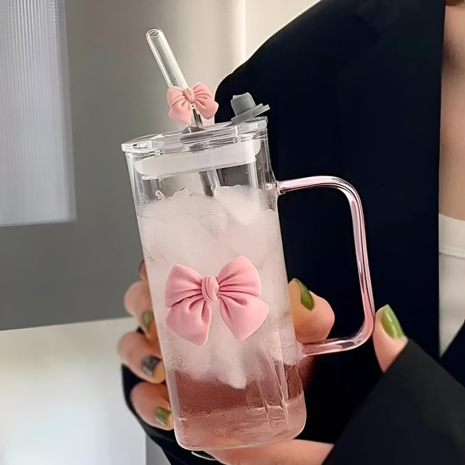 Image of FUNKYFINDS Cute Pink Bow Glass Tumbler with Handle & Lid Glass Stylish Travel for Girls Glass Coffee Mug
