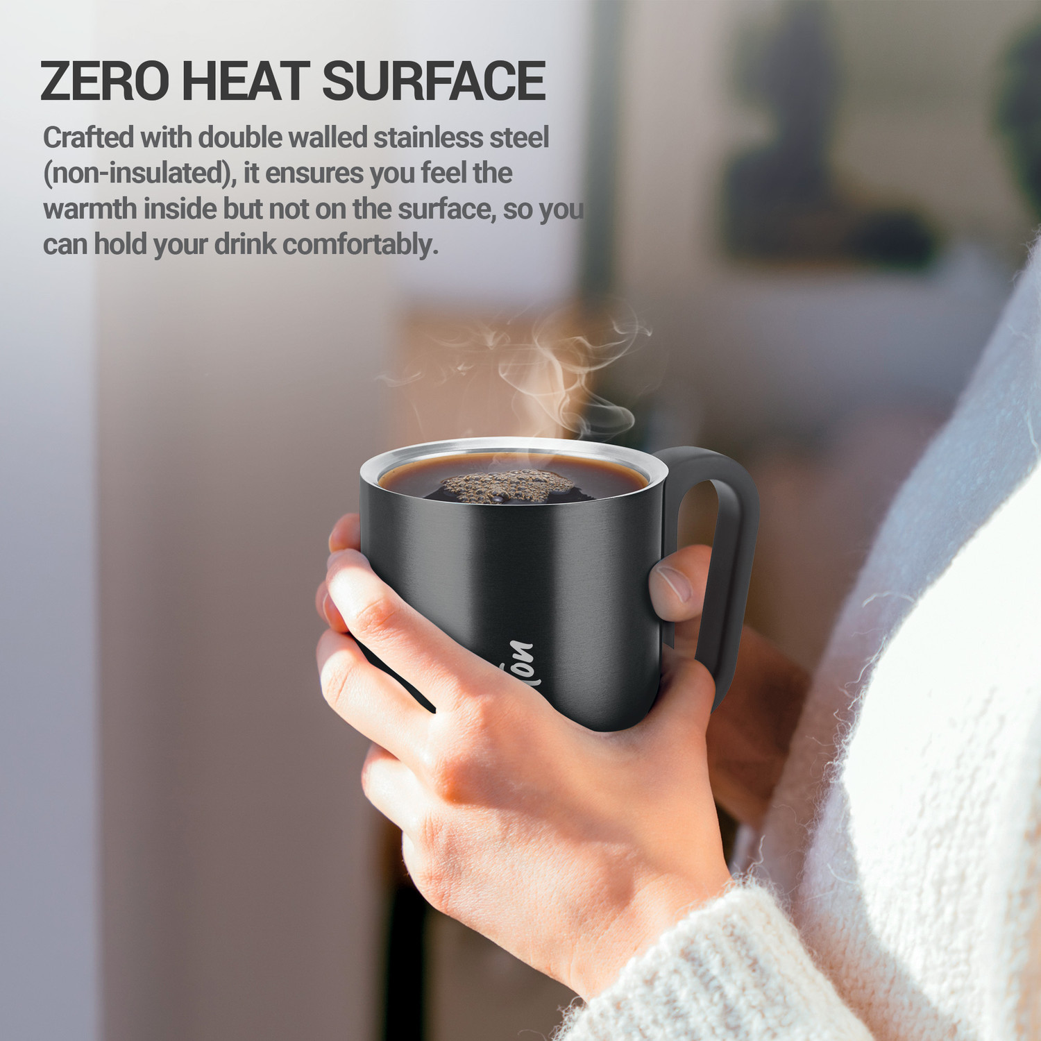 Image of MILTON Erin Coffee 250 Double Walled Coffee 240ml Inner Steel & Lid, Black Stainless Steel Coffee Mug