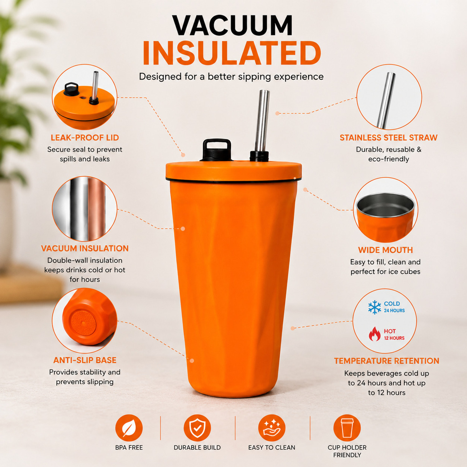 Image of Jmax Vacuum Insulated Travel Coffee Cup with Metal Straw| BPA Free Lid | Leak Proof Stainless Steel Tumbler