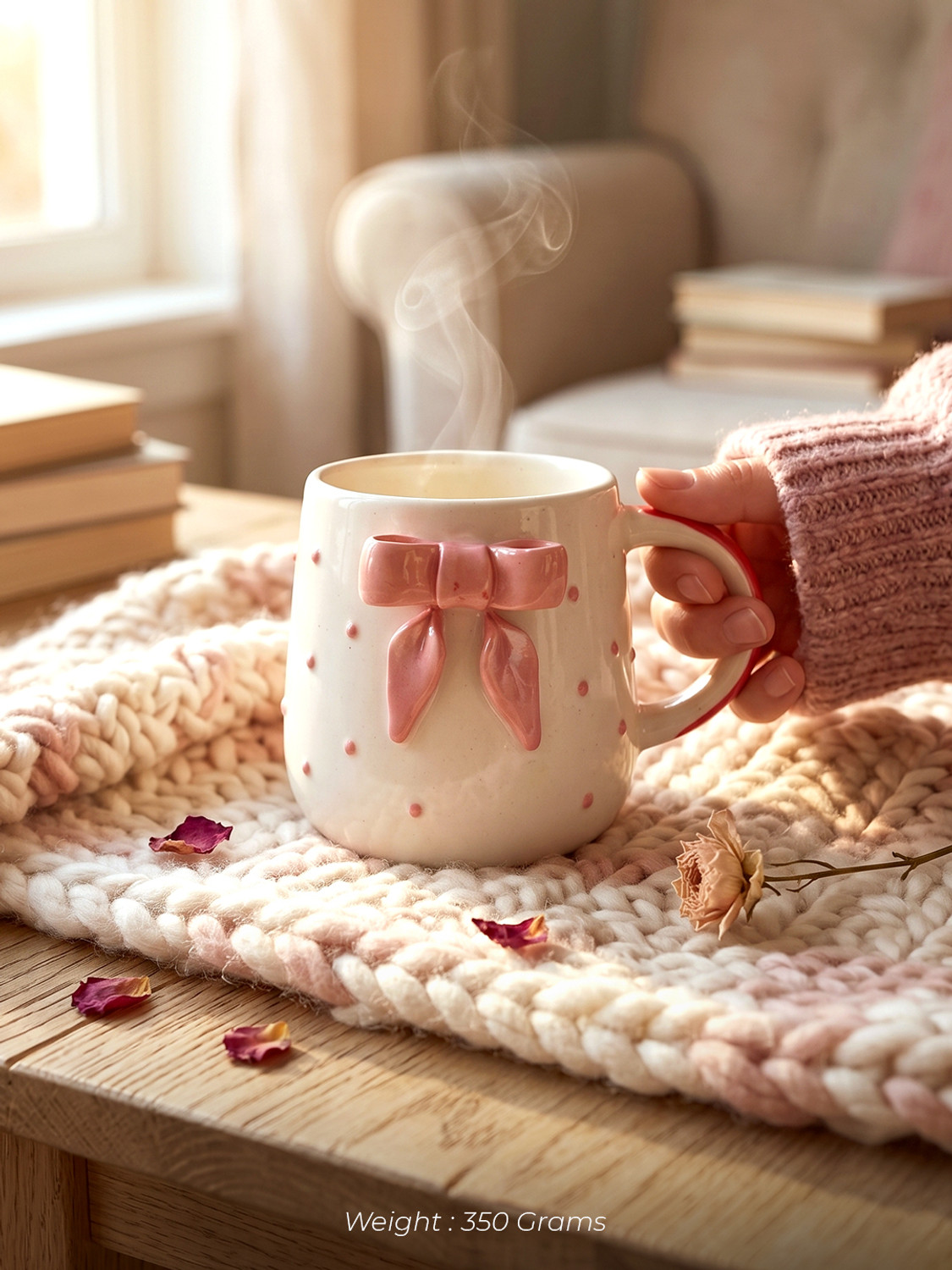 Image of Clayora Pink Bow Ceramic Aesthetic Cup Gift for Birthday /Anniversary Ceramic Coffee Mug (300 ml)