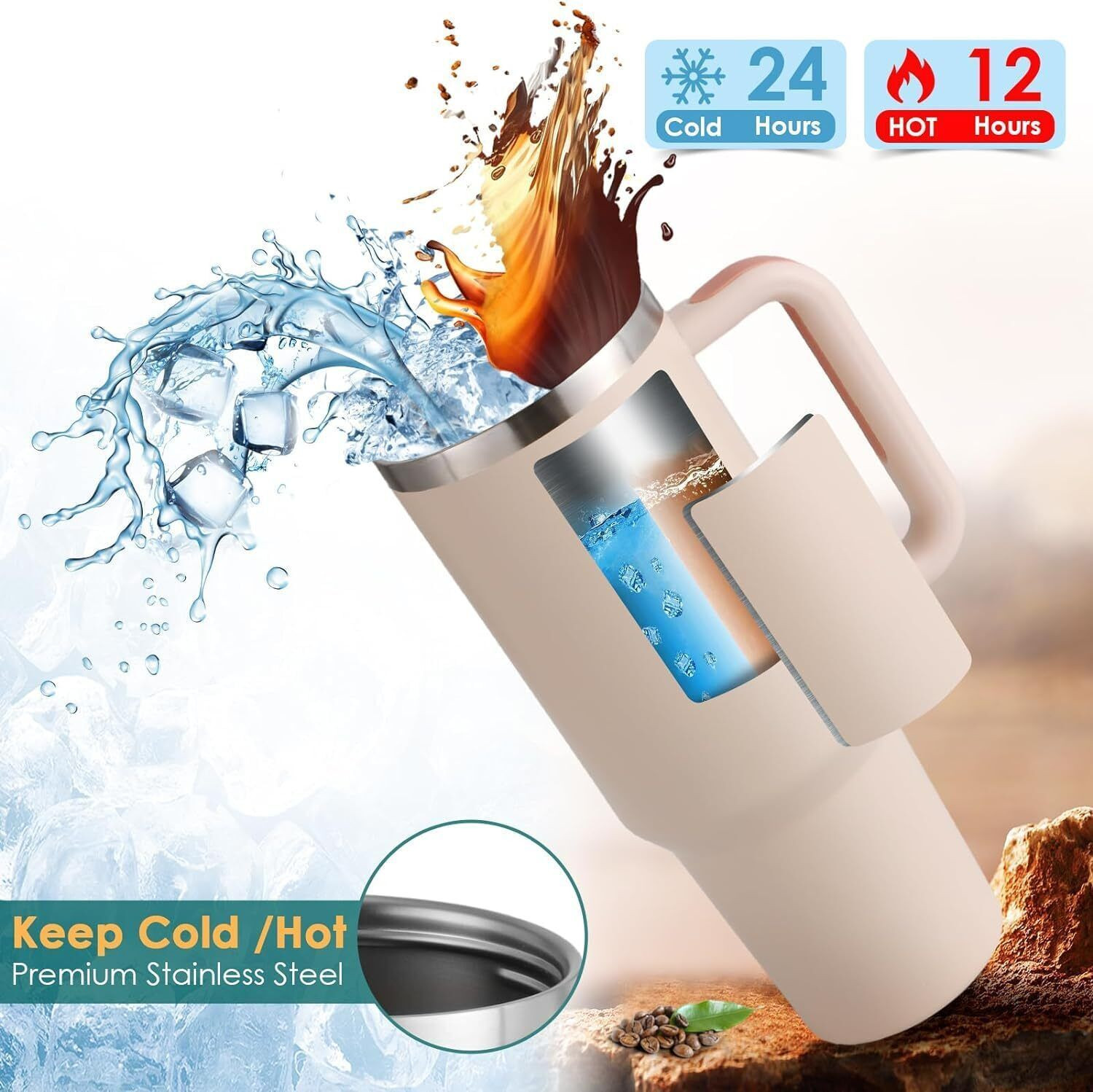 Image of papita Hot and Cold Insulated Tumbler Lid S S TumblerStraw Cream-PPT Stainless Steel Tumbler (1200 ml)