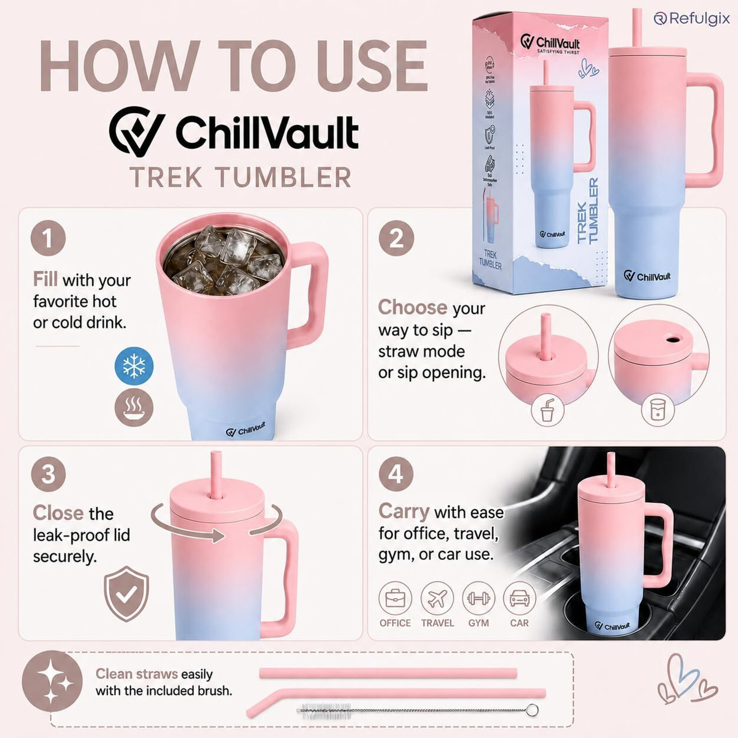 Image of ChillVault Insulated Tumbler with Handle, Leak-Proof Lid, 2 Straws, Hot & Cold Cup Stainless Steel Tumbler