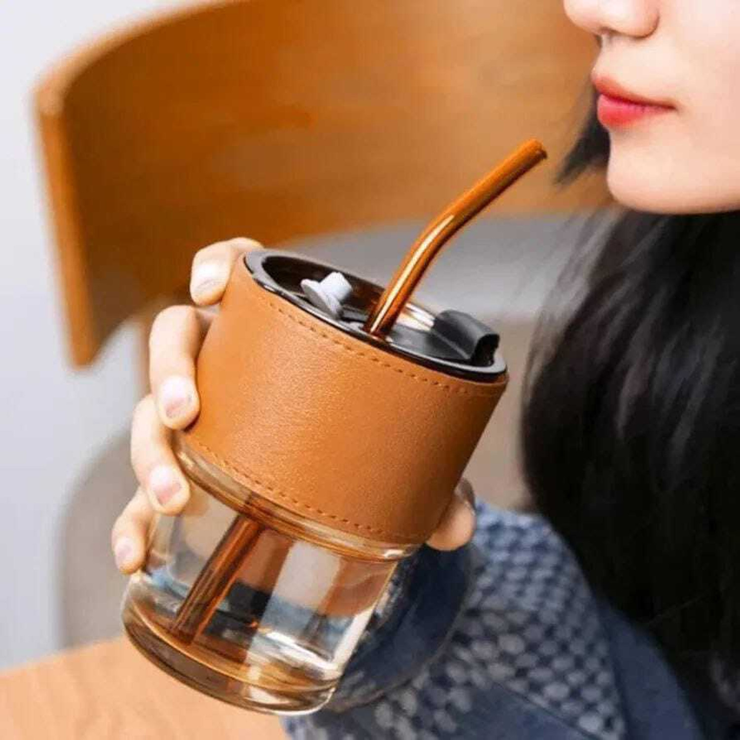 Image of MMTSWorld Reusable Glass Coffee Sipper Tumbler with Straw and Lid Glass Coffee Mug