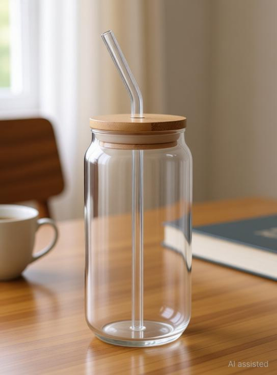 Image of MMTSWorld Wooden Lid Mojito Glass Sipper Tumbler with Straw for Green Tea Glass Coffee Mug
