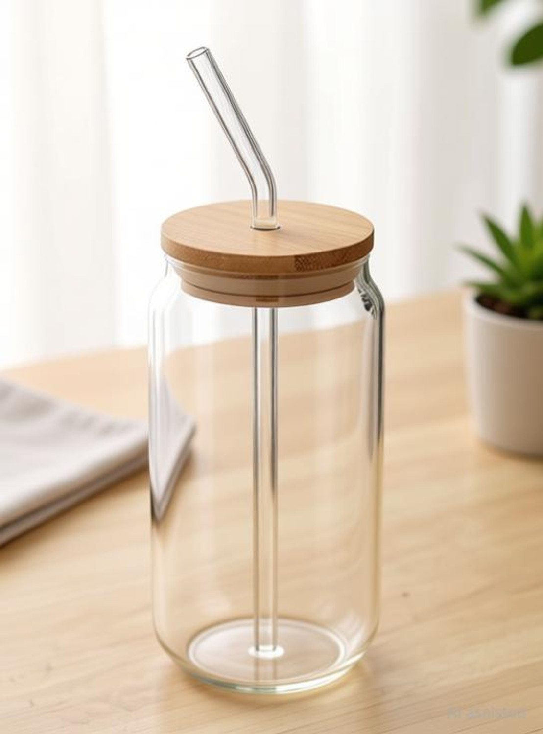 Image of MMTSWorld Wooden Lid Mojito Glass Sipper Tumbler with Straw for Green Tea Glass Coffee Mug