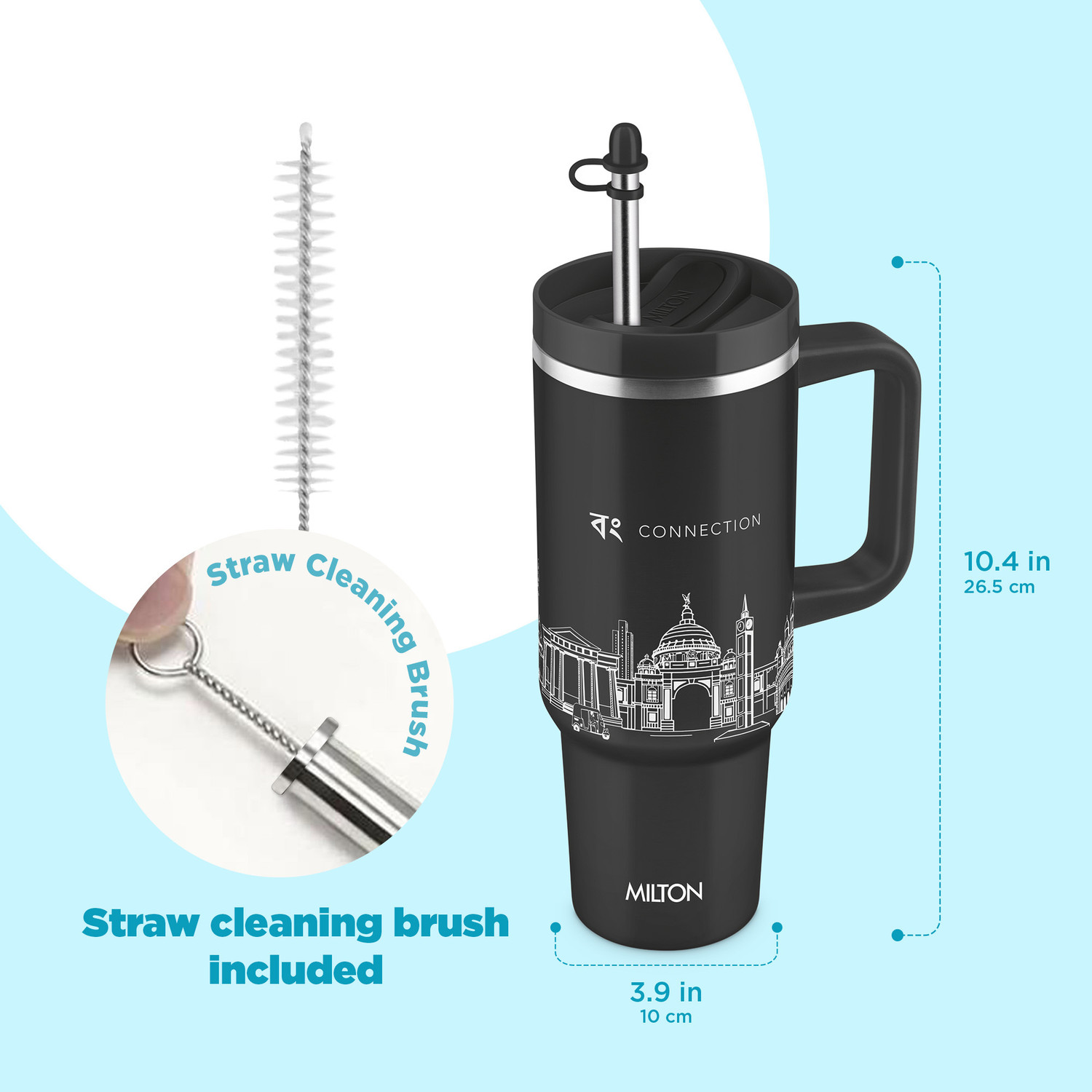 Image of MILTON Malmo 1200 Thermosteel Vacuum Insulated Tumbler 1100 ml with Straw Kolkata Black Stainless Steel Tumbler (1100 ml)