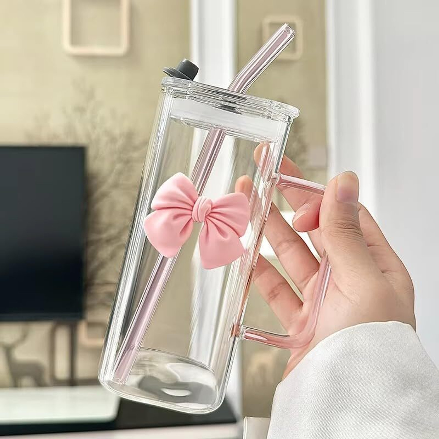 Image of FUNKYFINDS Cute Pink Bow Glass Tumbler with Handle & Lid Glass Stylish Travel for Girls Glass Coffee Mug