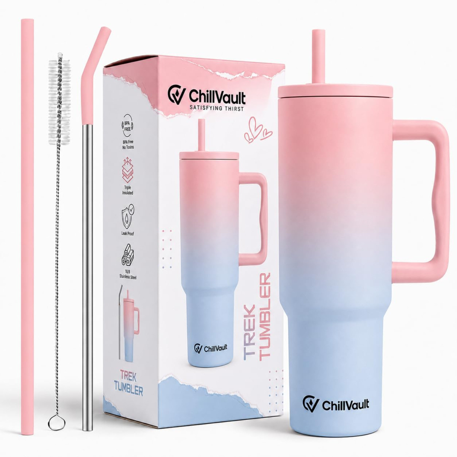 Image of ChillVault Insulated Tumbler with Handle, Leak-Proof Lid, 2 Straws, Hot & Cold Cup Stainless Steel Tumbler