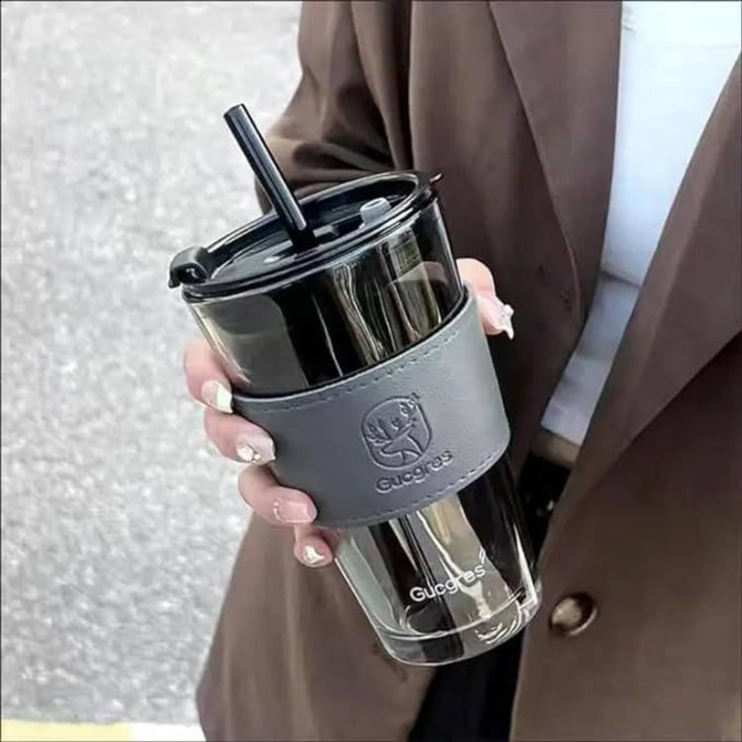 MMTSWorld lass Coffee Sipper with Leather Grip - Image 1