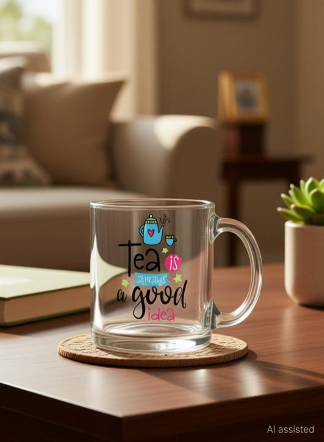 Image of V Kraft inchTEA IS ALWAYS A GOOD IDEA inchUnique Transparent Glass Best Gift for everyone Glass Coffee Mug (330 ml)