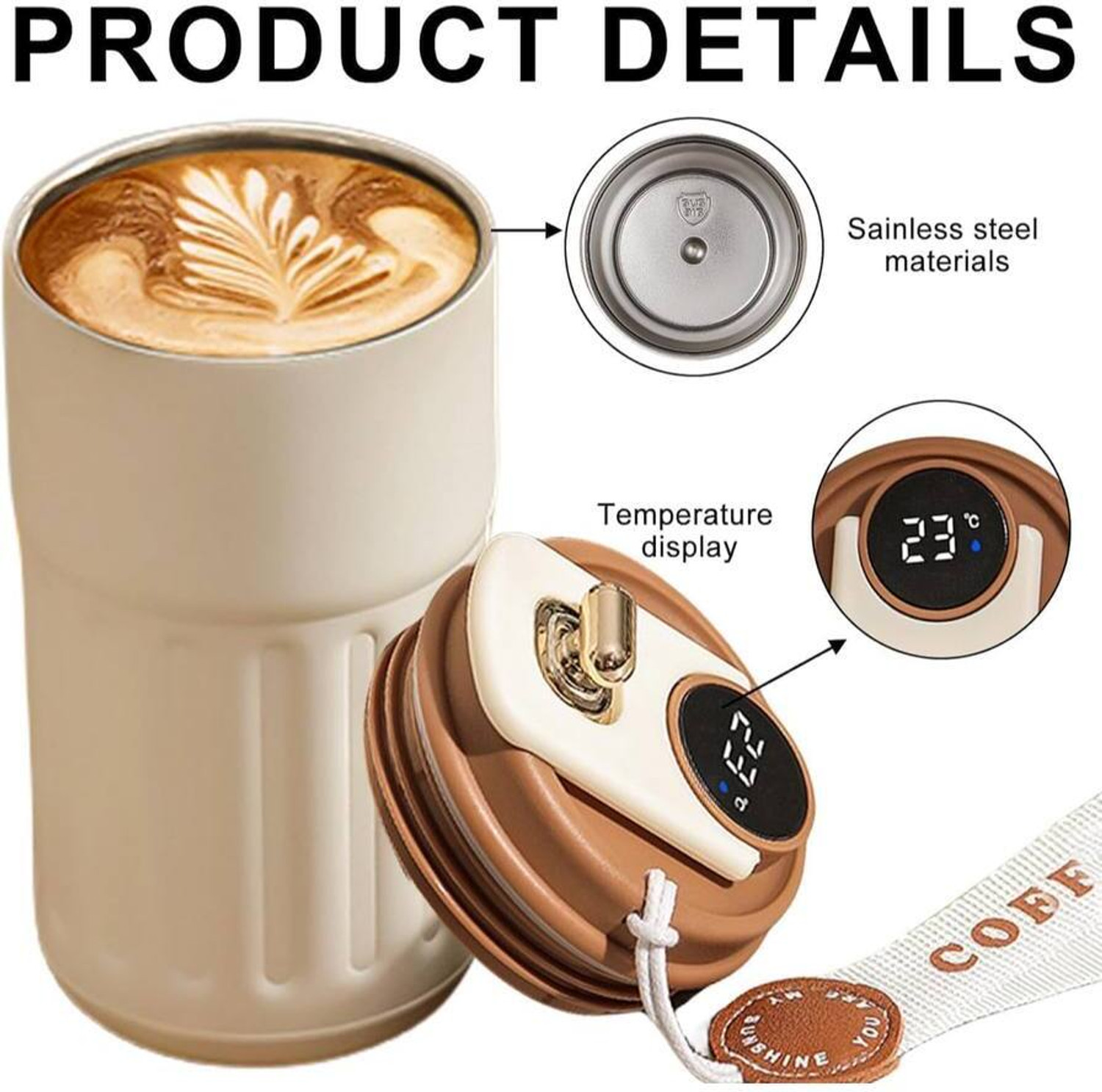Image of U S ENTERPRISE Coffee with Digital Temperature Display Portable Travel Cup with Lid Stainless Steel Coffee Mug