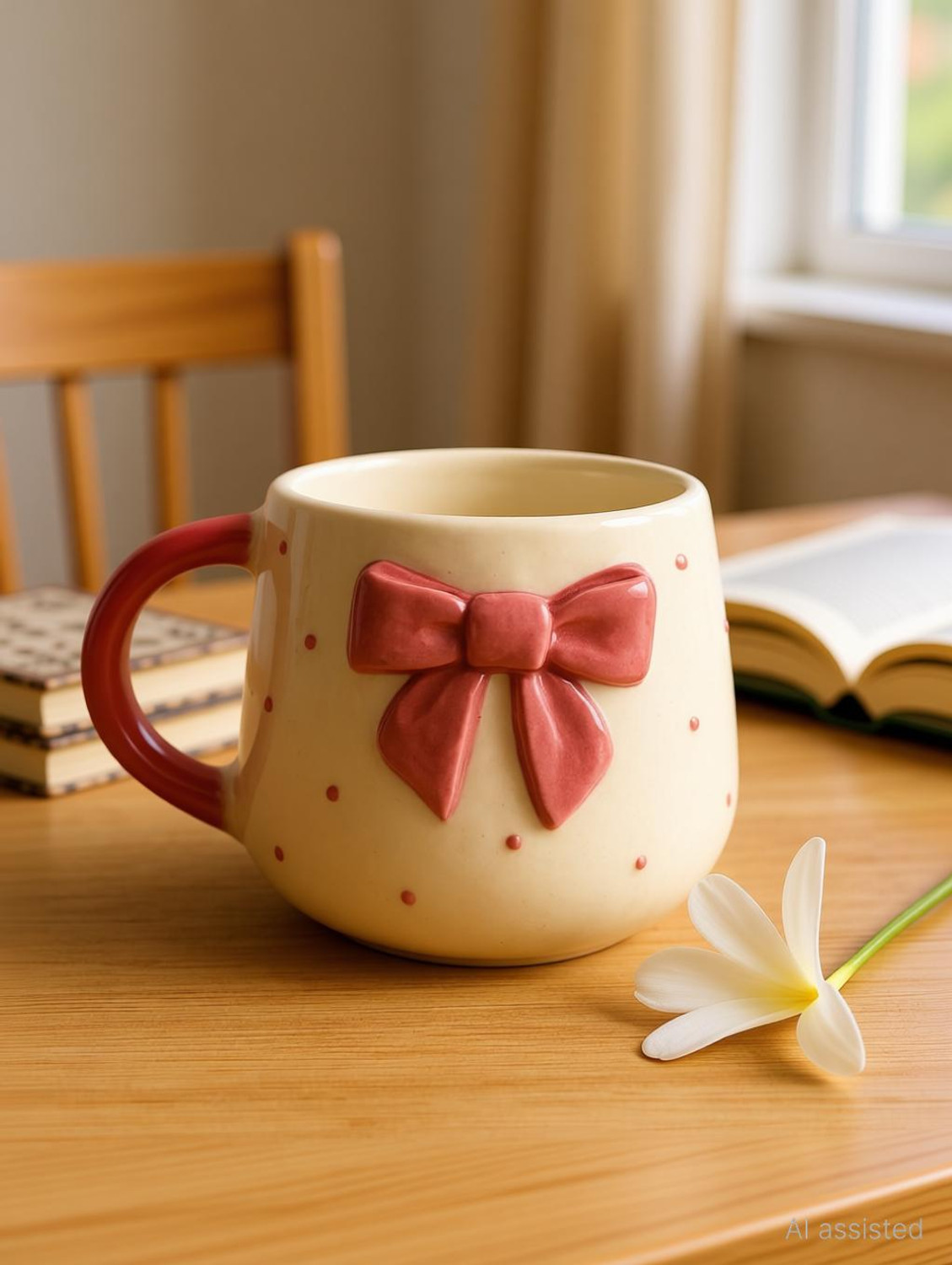 Image of The Indian Home Cute Pink Bow Ceramic for Coffee Tea Milk 3D Bow Design Gift Ceramic Coffee Mug