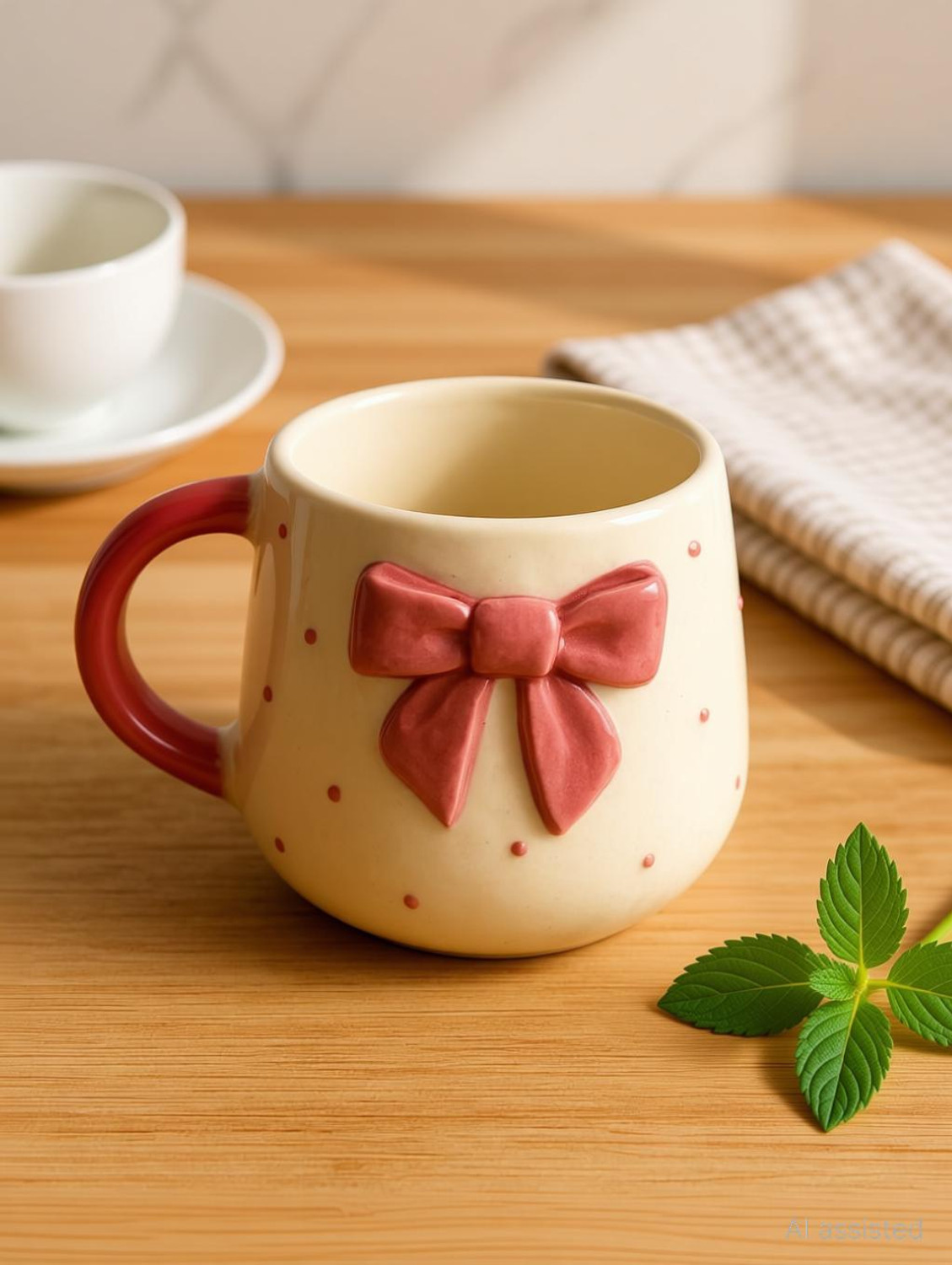 Image of The Indian Home Cute Pink Bow Ceramic for Coffee Tea Milk 3D Bow Design Gift Ceramic Coffee Mug