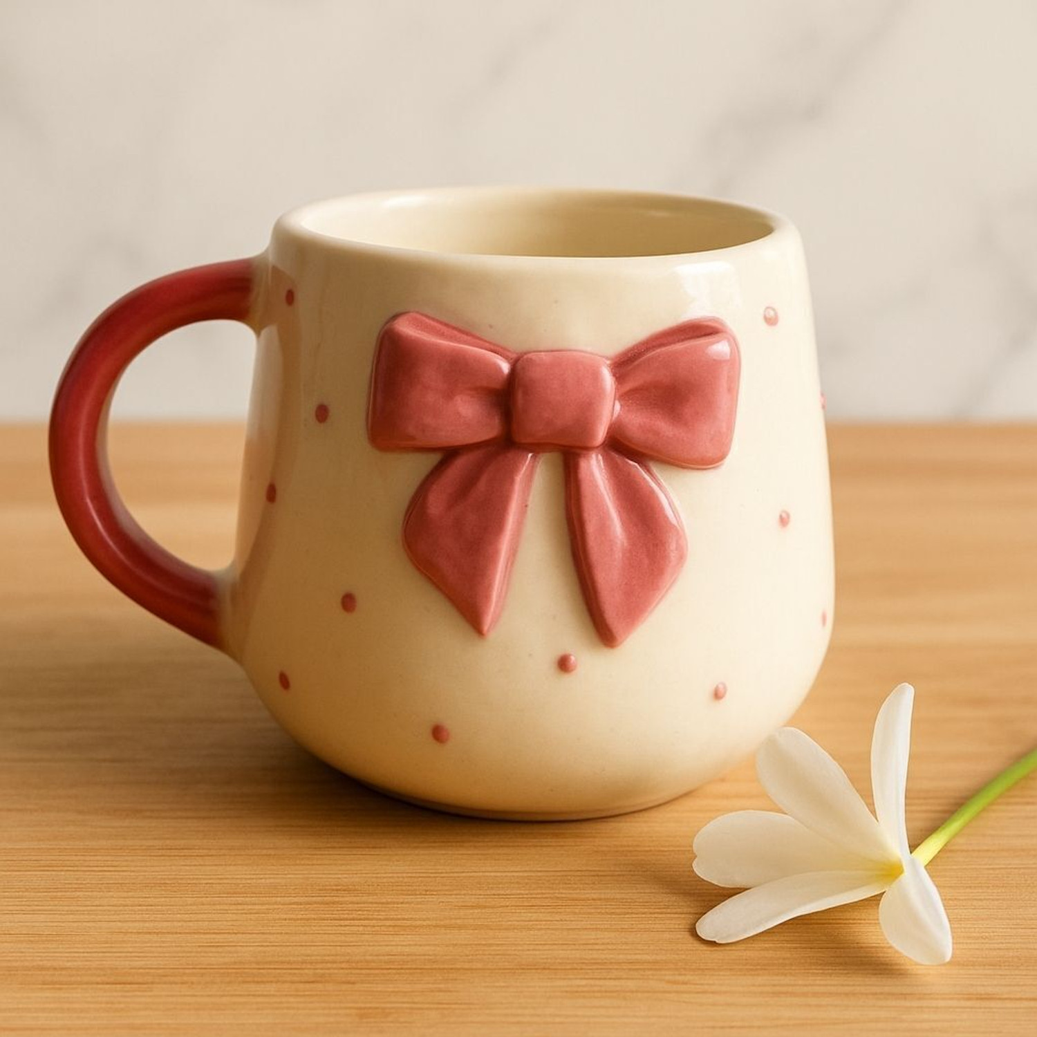 Image of The Indian Home Cute Pink Bow Ceramic for Coffee Tea Milk 3D Bow Design Gift Ceramic Coffee Mug