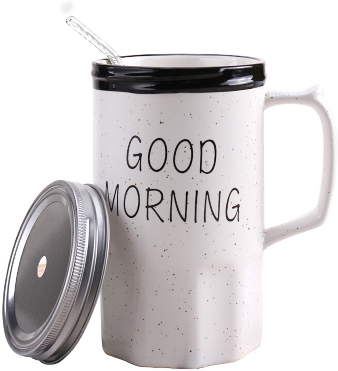 Image of BONZEAL New Quoted Good Morning Printed Jar with Glass Straw With Lid Ceramic Coffee Mug