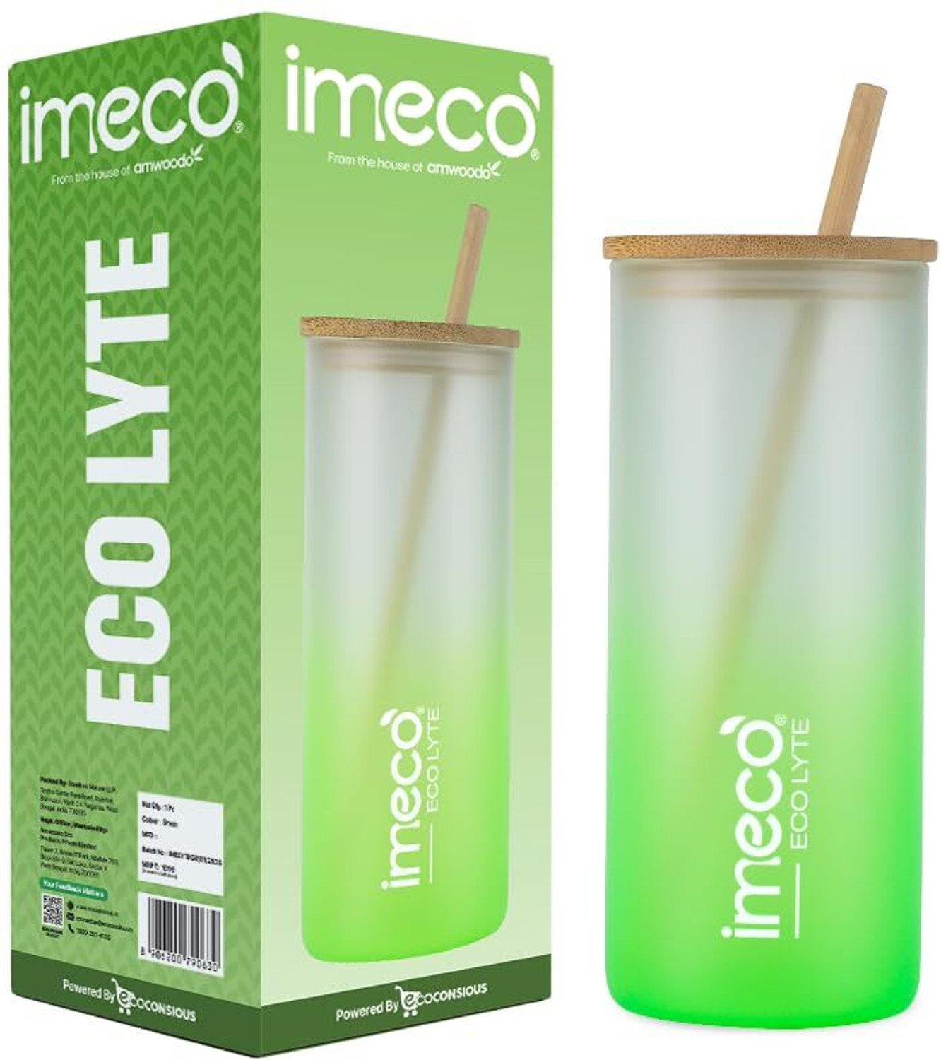 Image of IMECO ECO LYTE Glass Sipper Bottle with Bamboo Lid & Reusable Straw | Green | Glass Tumbler