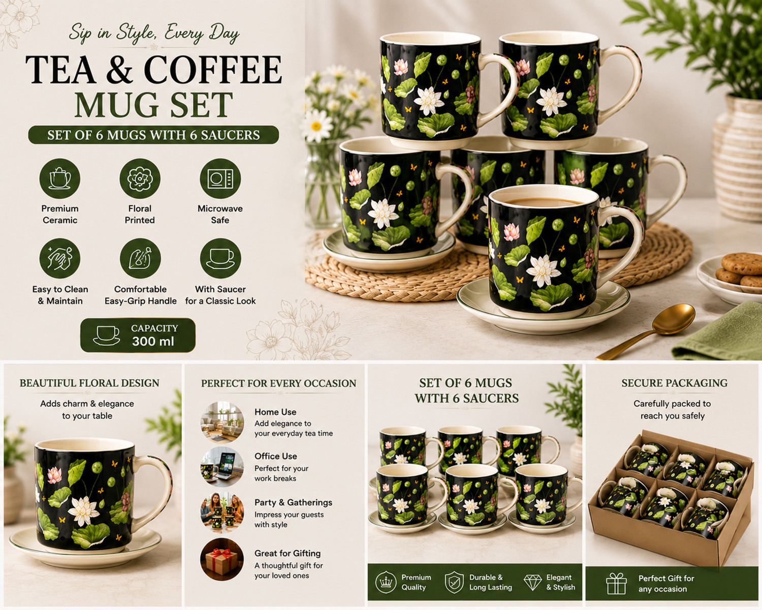 Image of The Cove Tales TCT- MIDNIGHT BLACK LOTUS MUG- SET OF 06 Ceramic Coffee Mug (300 ml, Pack of 6)