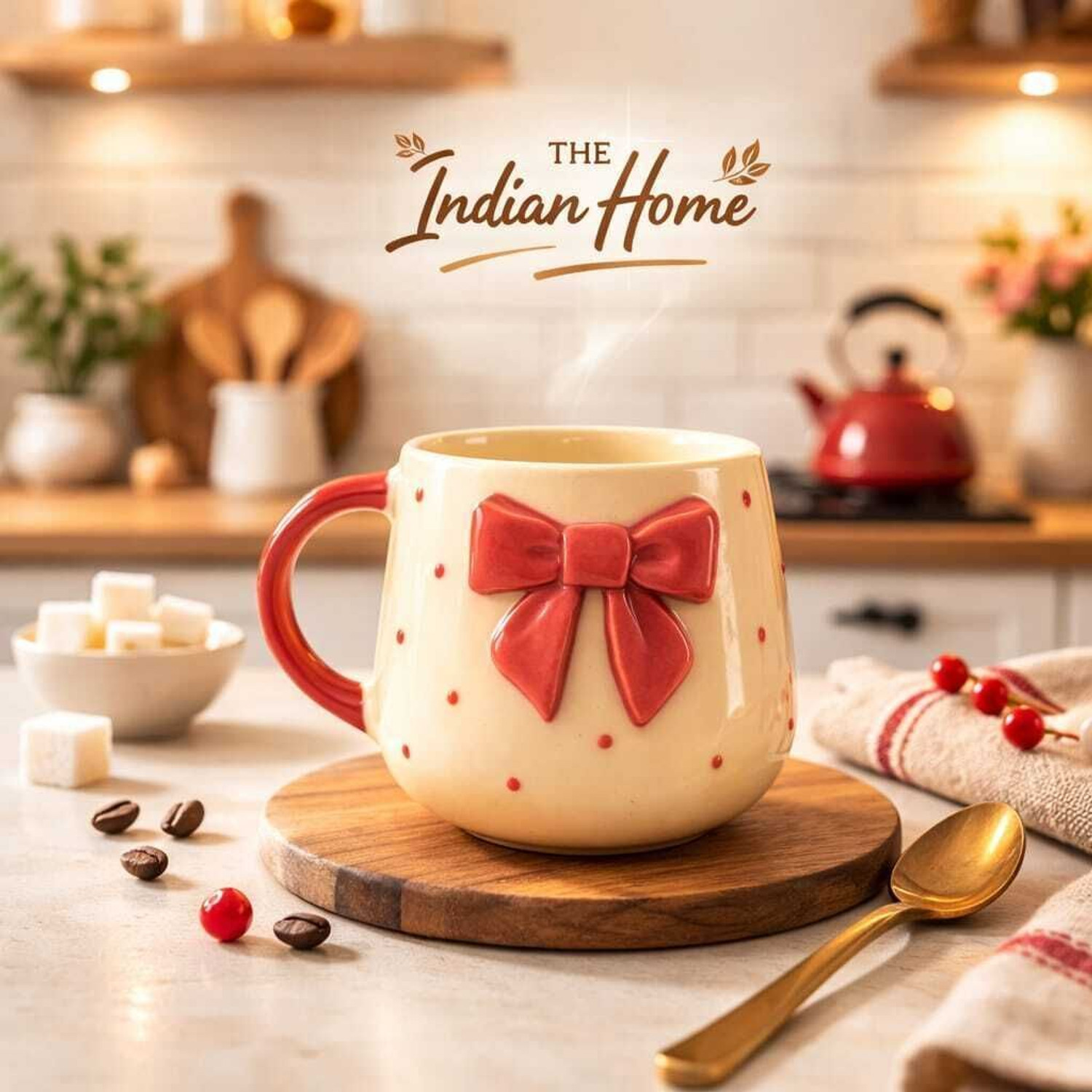 Image of The Indian Home Cute Pink Bow Ceramic for Coffee Tea Milk 3D Bow Design Gift Ceramic Coffee Mug