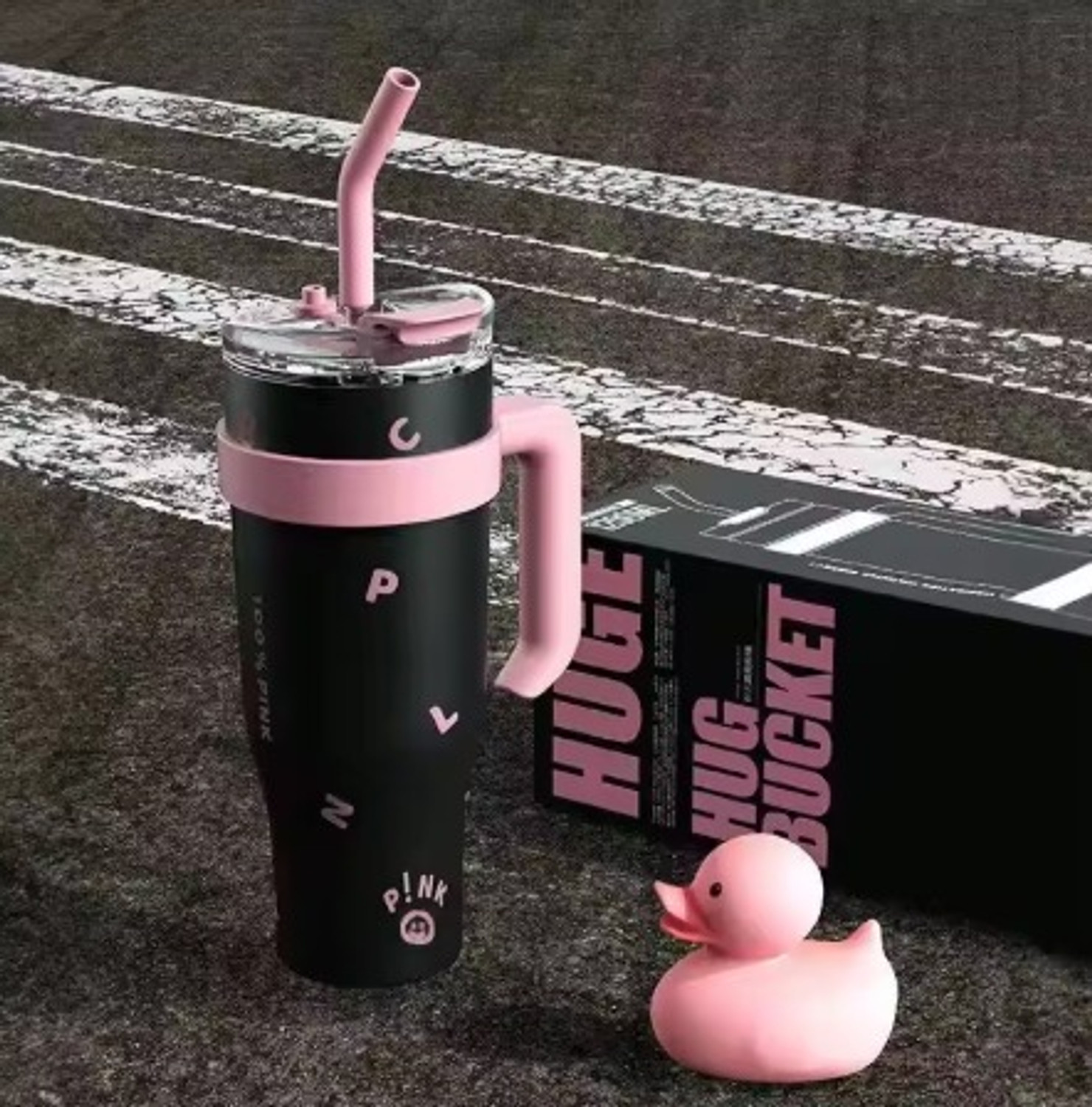 Image of Ritora HUGE 1200ml Insulated Tumbler with Handle & Straw | Black Pink Stainless Steel Tumbler