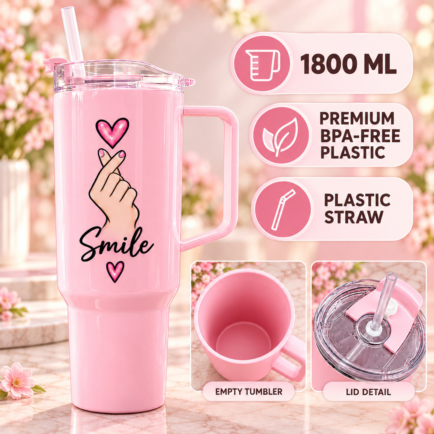 Image of TOONY 1800 ml BPA-Free Smile Plastic Tumbler with Straw, Lid & Handle Plastic Tumbler (1800 ml)