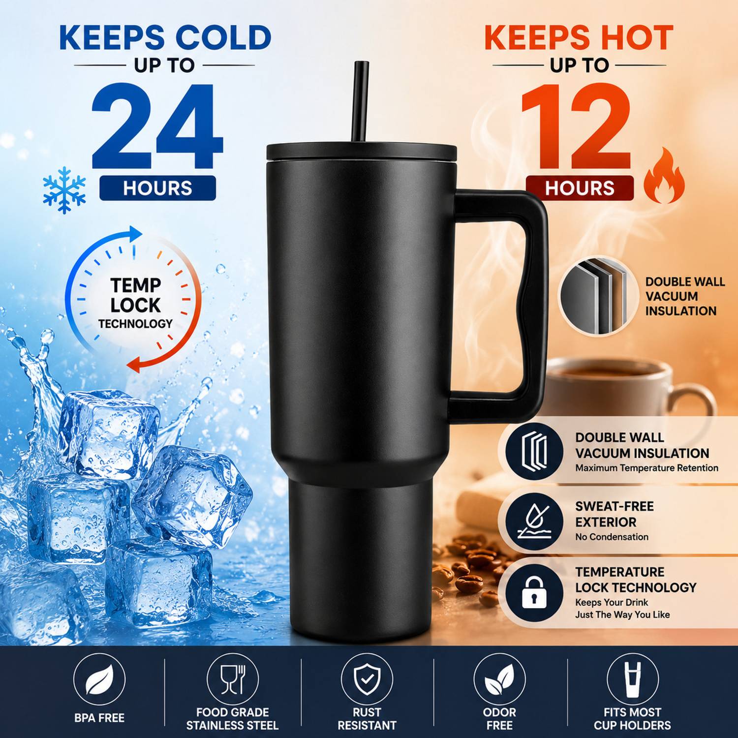 cropito 40oz Stainless Steel Tumbler with Straw & Lid Black - Image 3