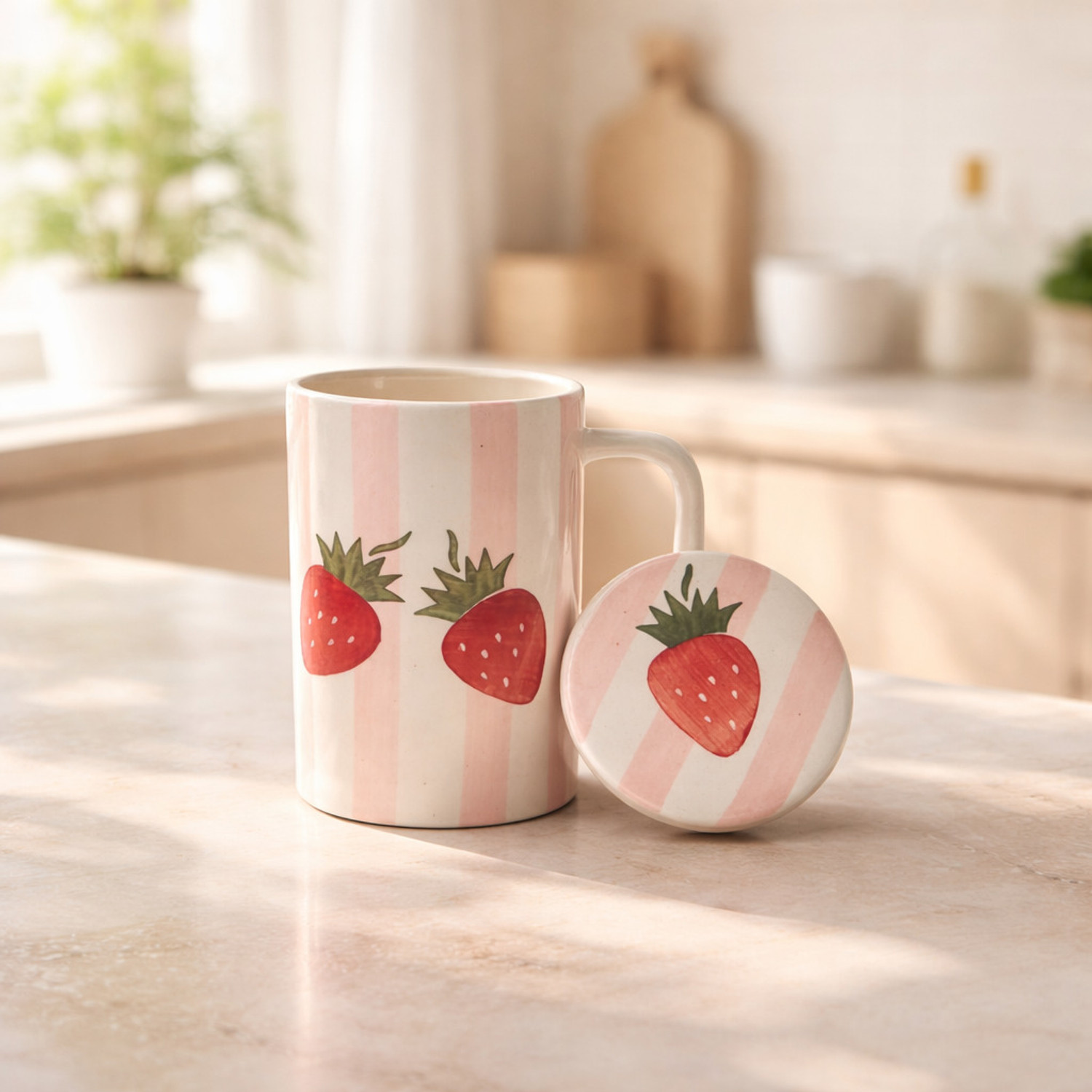 Image of Mitti Outlet Tea / Coffee with handpainted Pink Strips Strawberry with Lid design set Ceramic Coffee Mug (250 ml, Pack of 2)