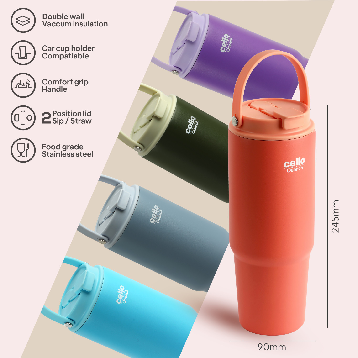 Image of cello Quench Go 850 ISI Certified Double Wall Vacuum Insulated Tumbler with Lid, Peach Stainless Steel Tumbler