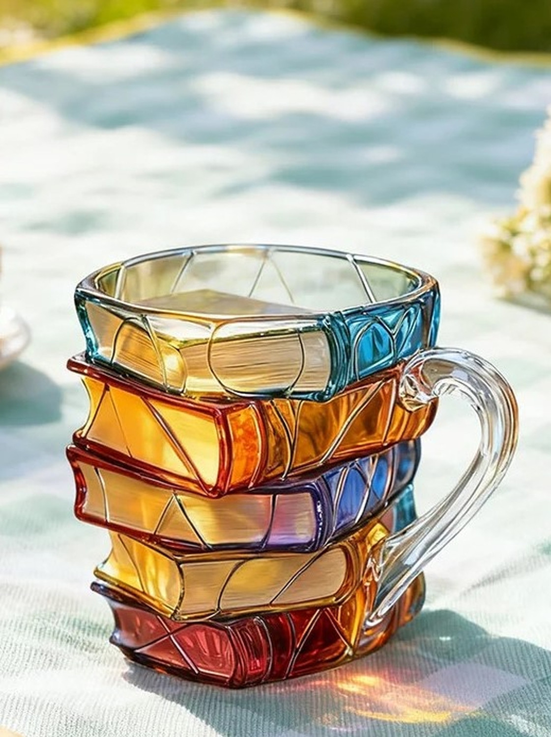Image of Dancing Panda Handcrafted Colorful Book Stack Glass Translucent Literary Themed(Set of 1) Glass Coffee Mug (191 ml)