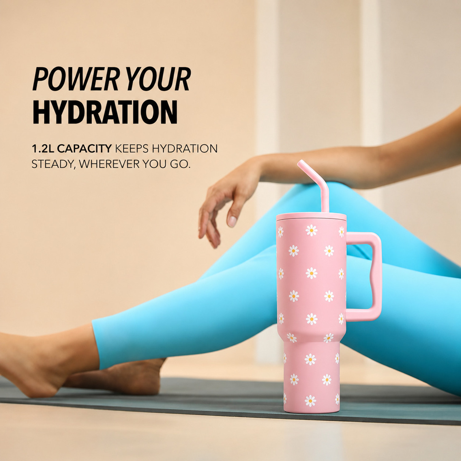 Image of INDIWARRIOR Sipper Tumbler With Handle And Straw With Lid Daisy Printed Travel Stainless Steel Tumbler