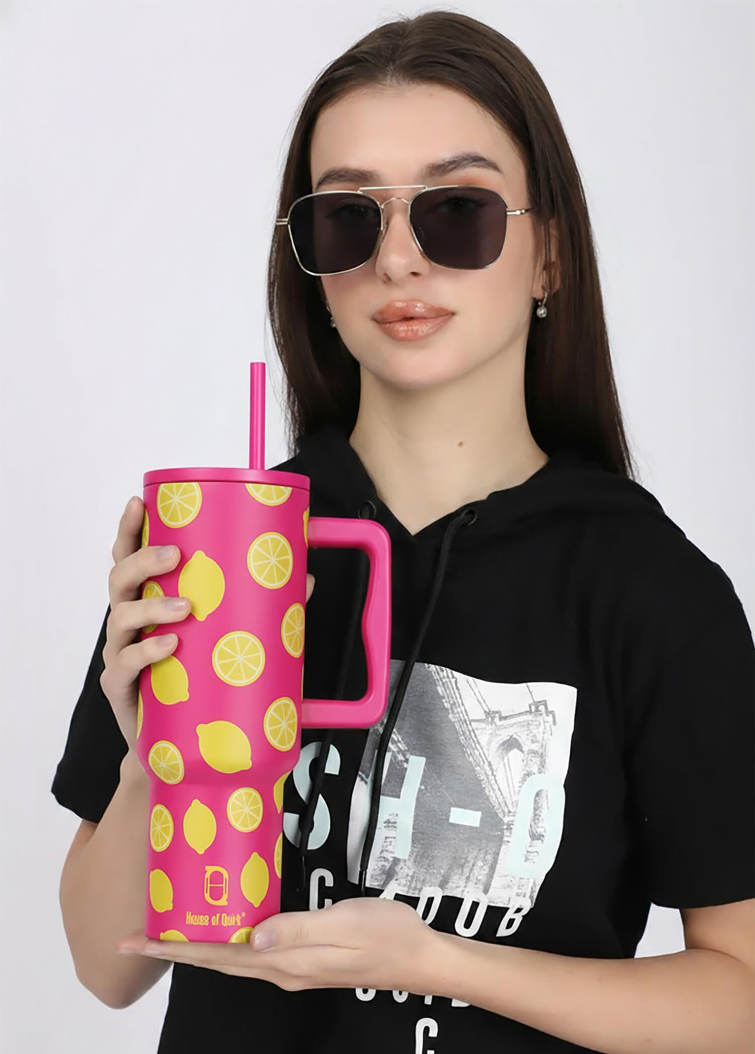 Image of HOUSE OF QUIRK 1200ML Stainless Steel Tumbler with Handle & Lid, 2 Straws-Pink Lemon Stainless Steel Tumbler