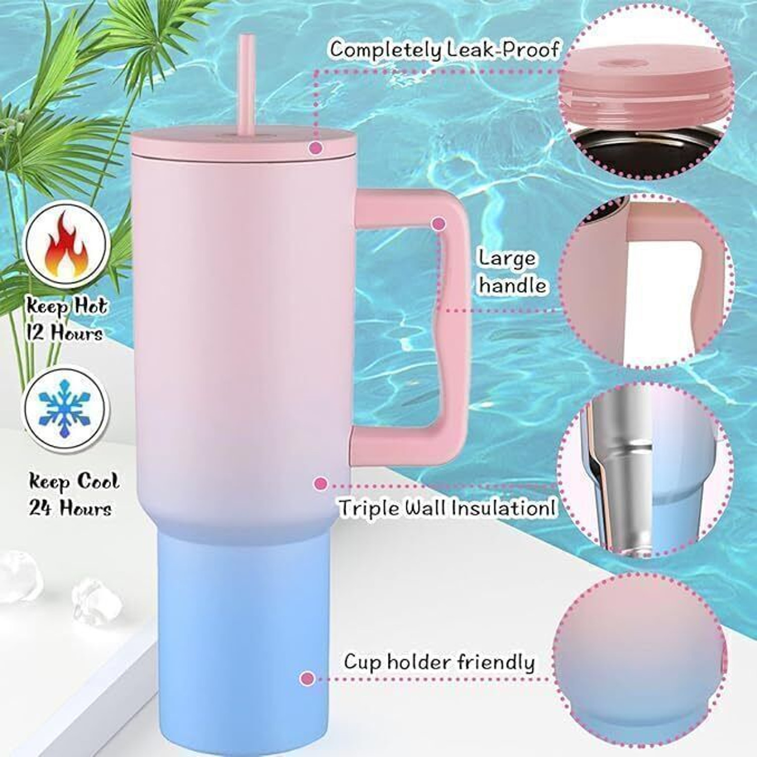 Image of INFIX MART Tumbler Sipper With Handle, Straw And Lid, Double Wall Insulated Vacuum Stainless Steel Tumbler